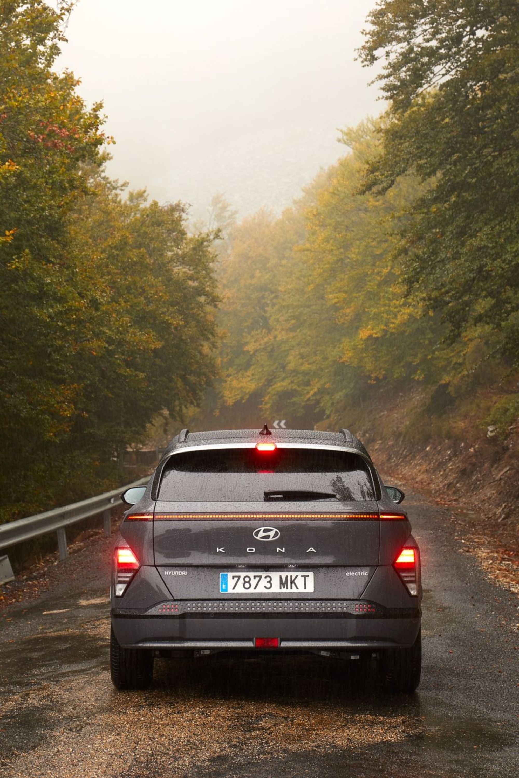Hyundai Kona eléctrico en entorno montañoso con niebla.