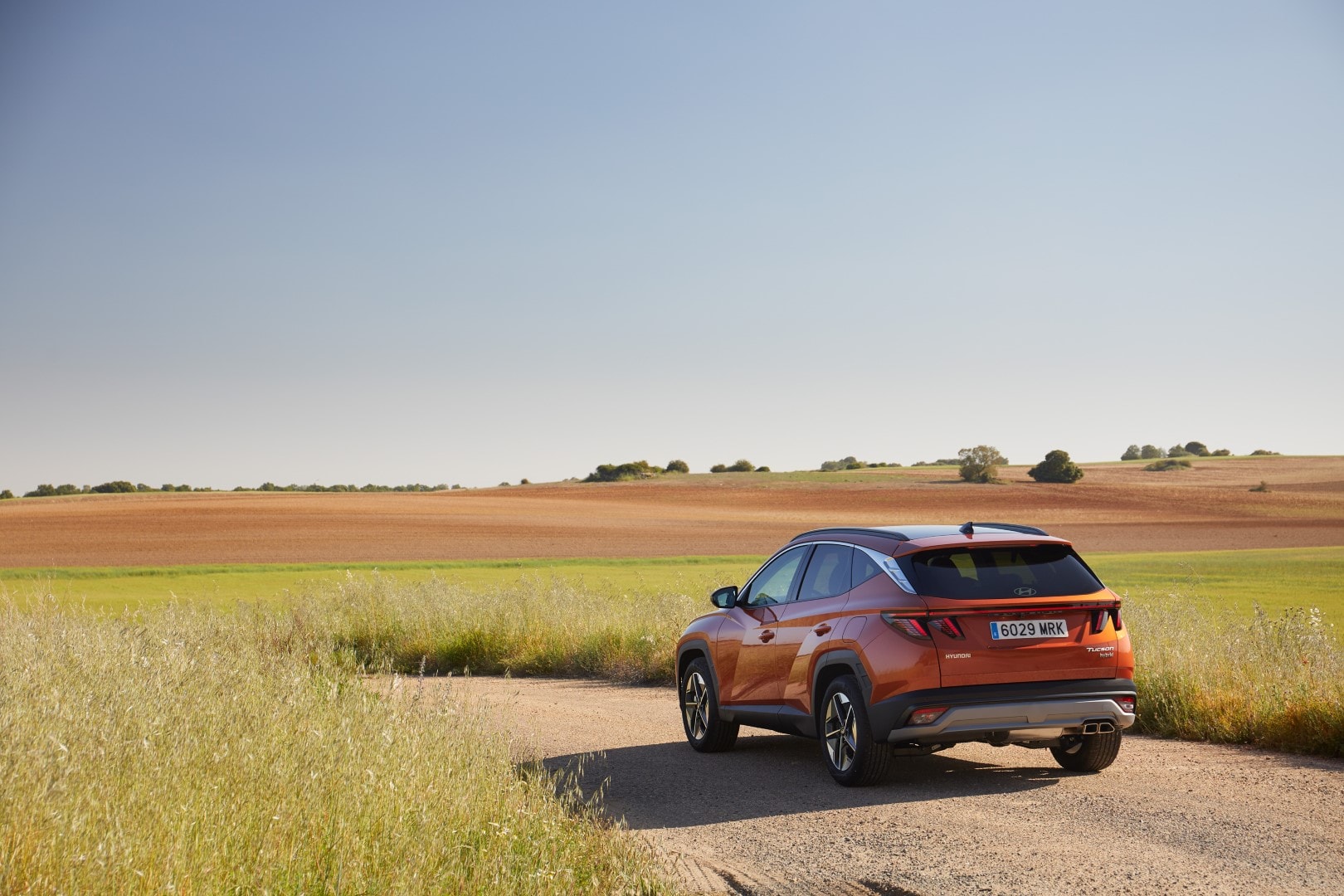 Vista trasera y lateral del Tucson en un entorno campestre, mostrando su adaptabilidad.