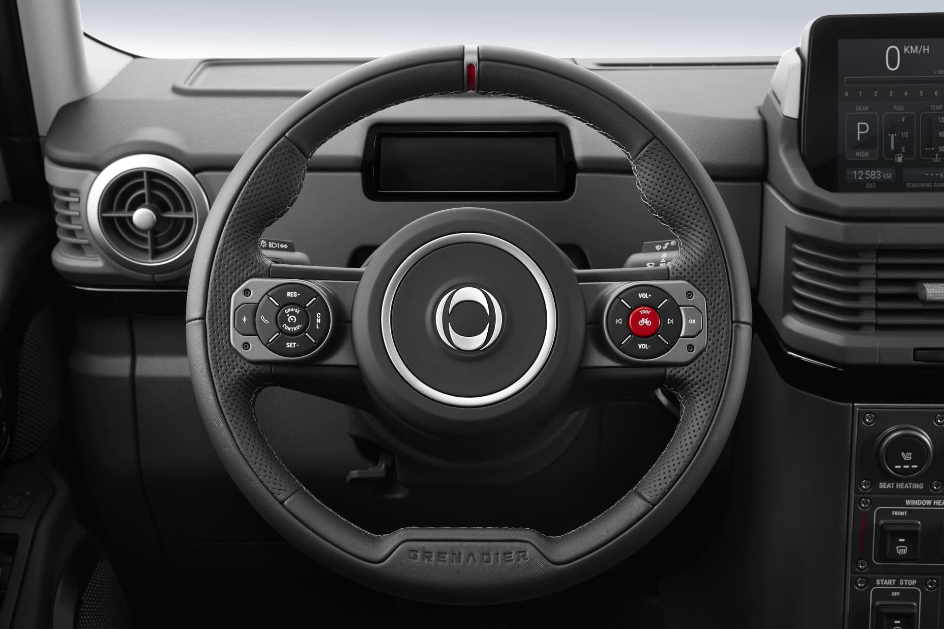Vista central del volante y mandos del Ineos Grenadier.