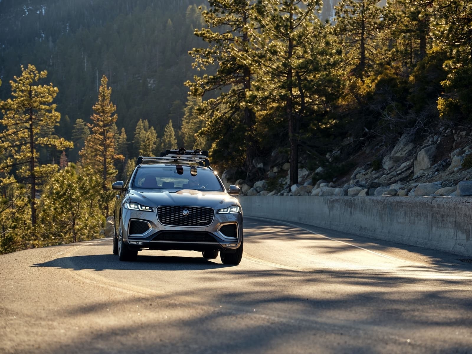 Jaguar F-Pace tomando curva, enfatizando su frente agresivo y líneas elegantes.