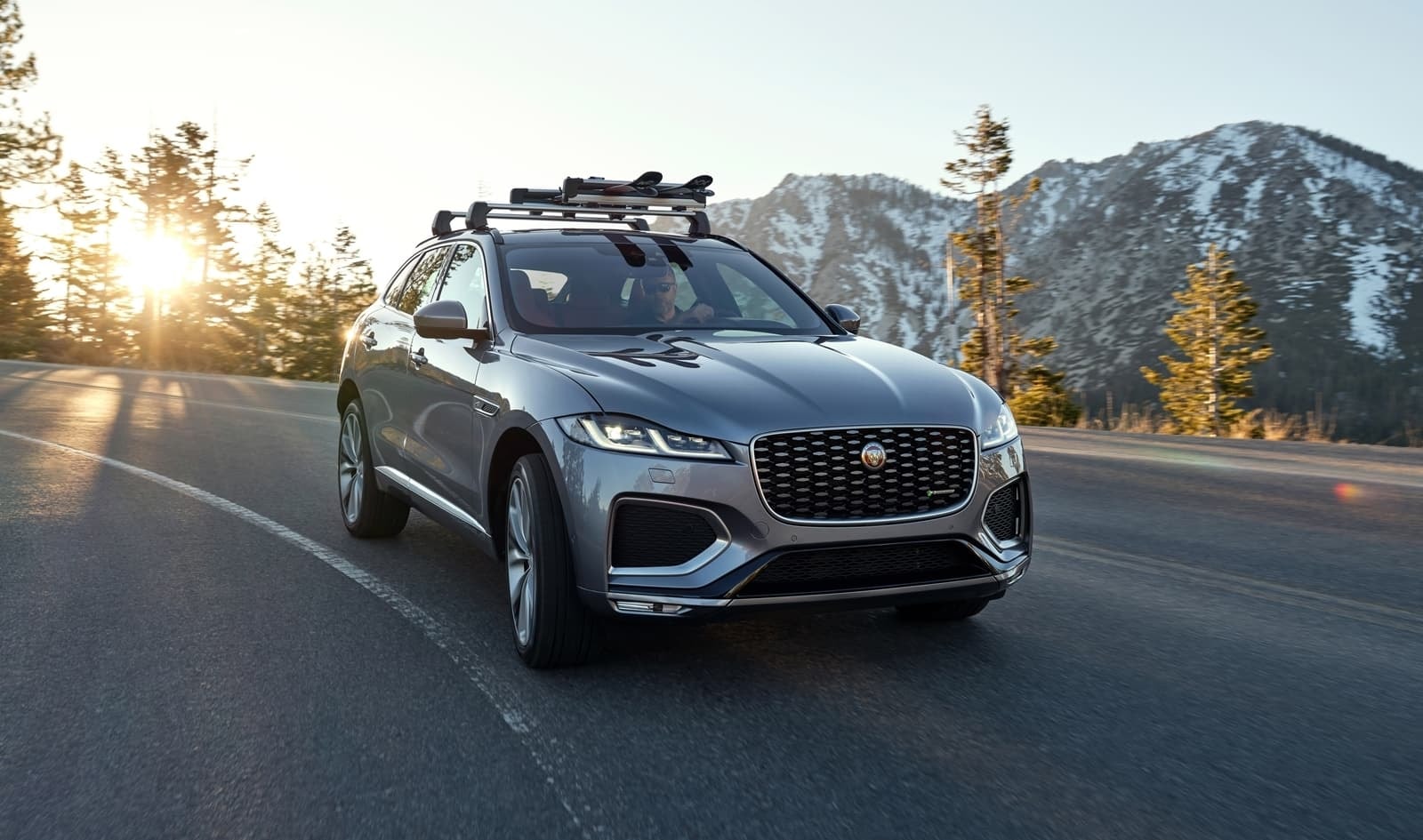 El Jaguar F-Pace en un entorno natural con portaequipajes, listo para la aventura.