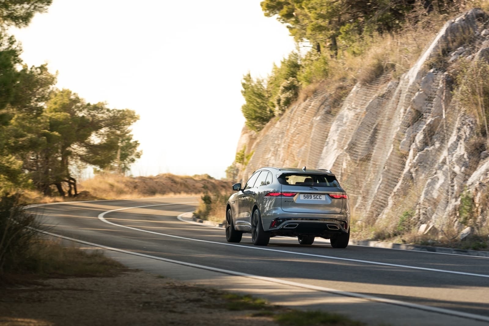 Vista trasera del Jaguar F-Pace mientras recorre un idílico camino montañoso.