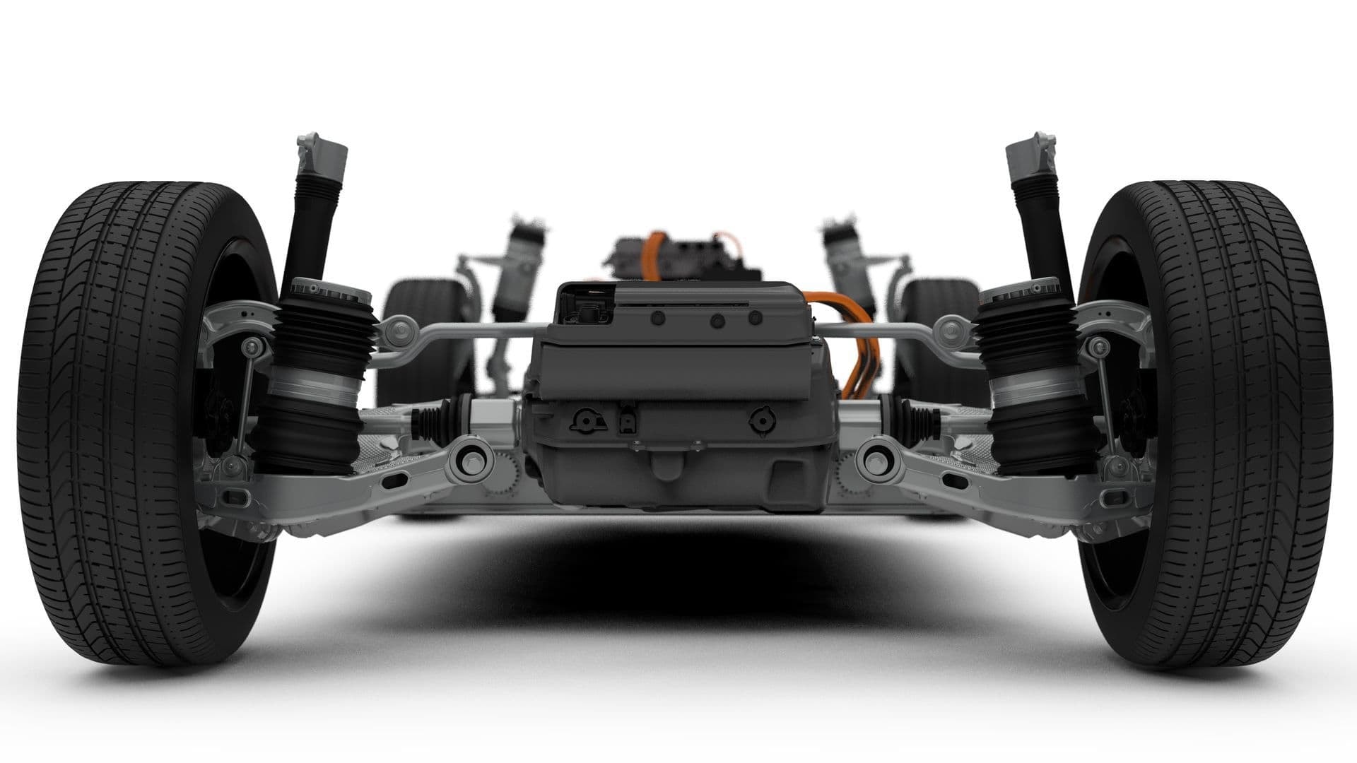 Imagen frontal del chasis del Jaguar I-Pace, mostrando su baja altura y centro de gravedad.