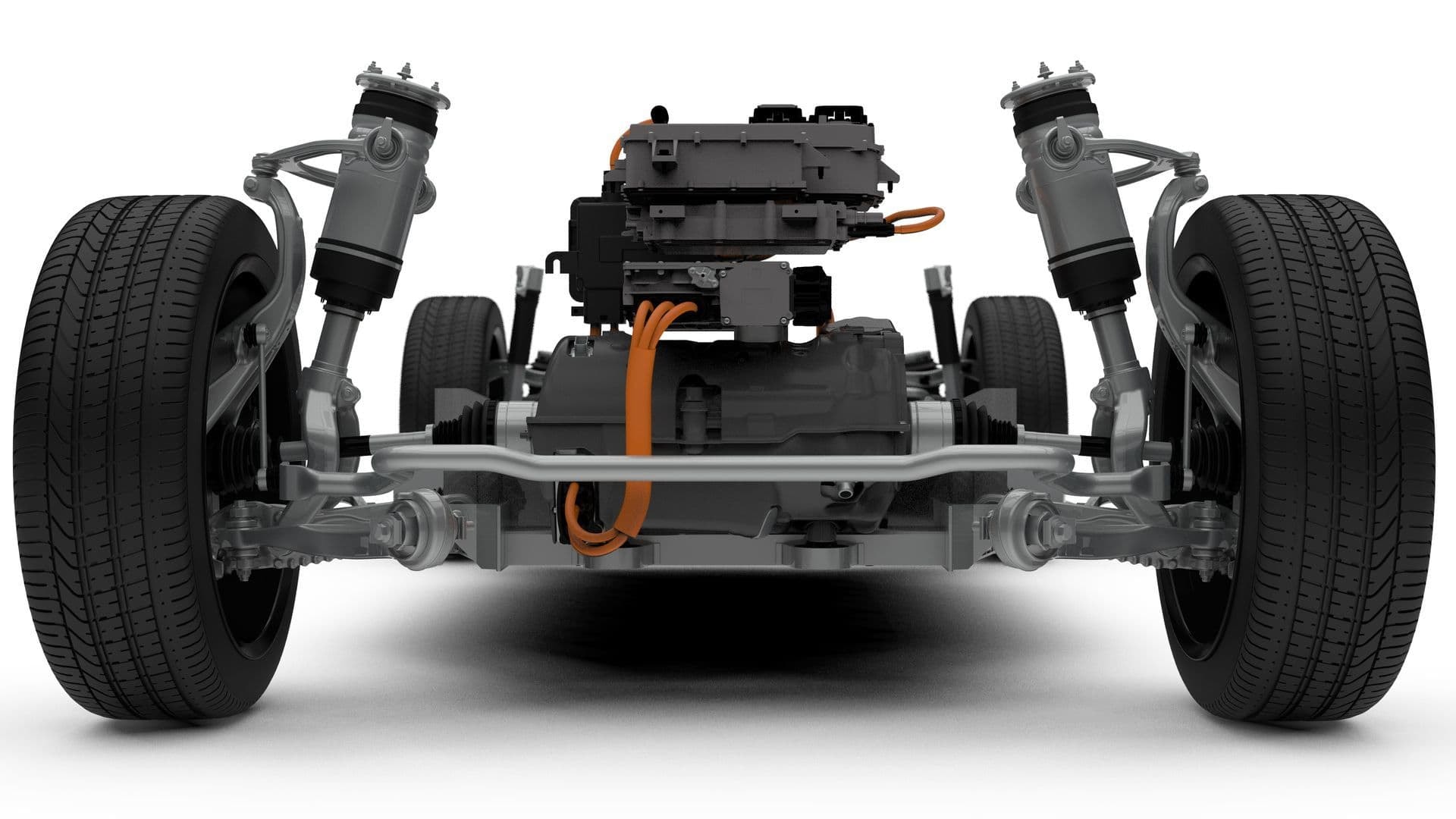 Vista trasera del chasis y tren motriz del Jaguar I-Pace, con énfasis en la propulsión eléctrica.