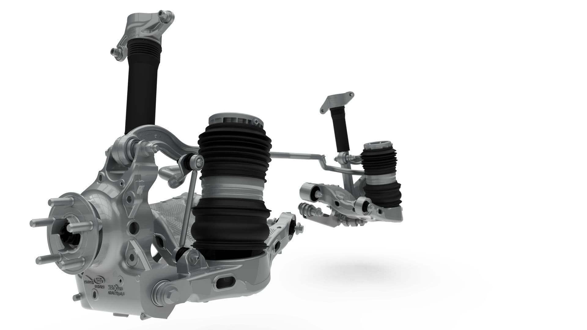 Perspectiva alternativa del conjunto de suspensión trasera, enfocado en la simetría y diseño.