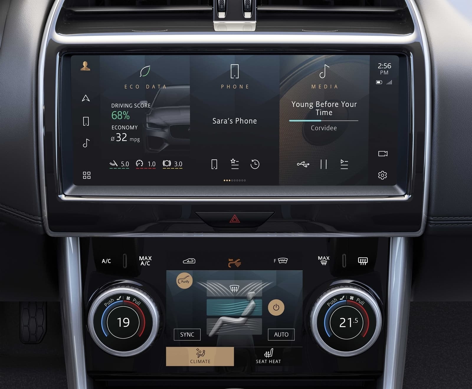 Detalle del sistema multimedia y controles de climatización del Jaguar XE.