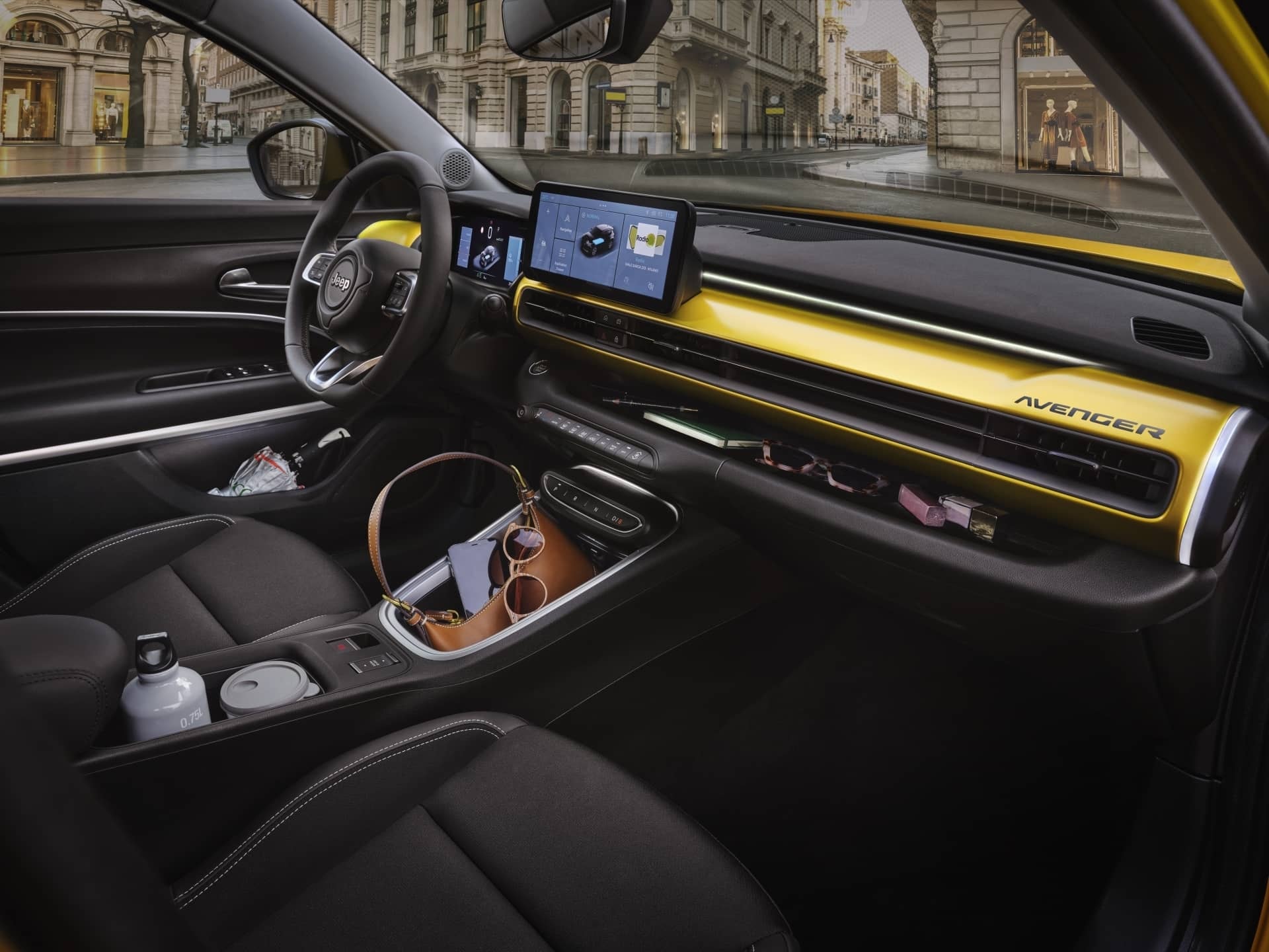 Consola central detallada con acabados de calidad.