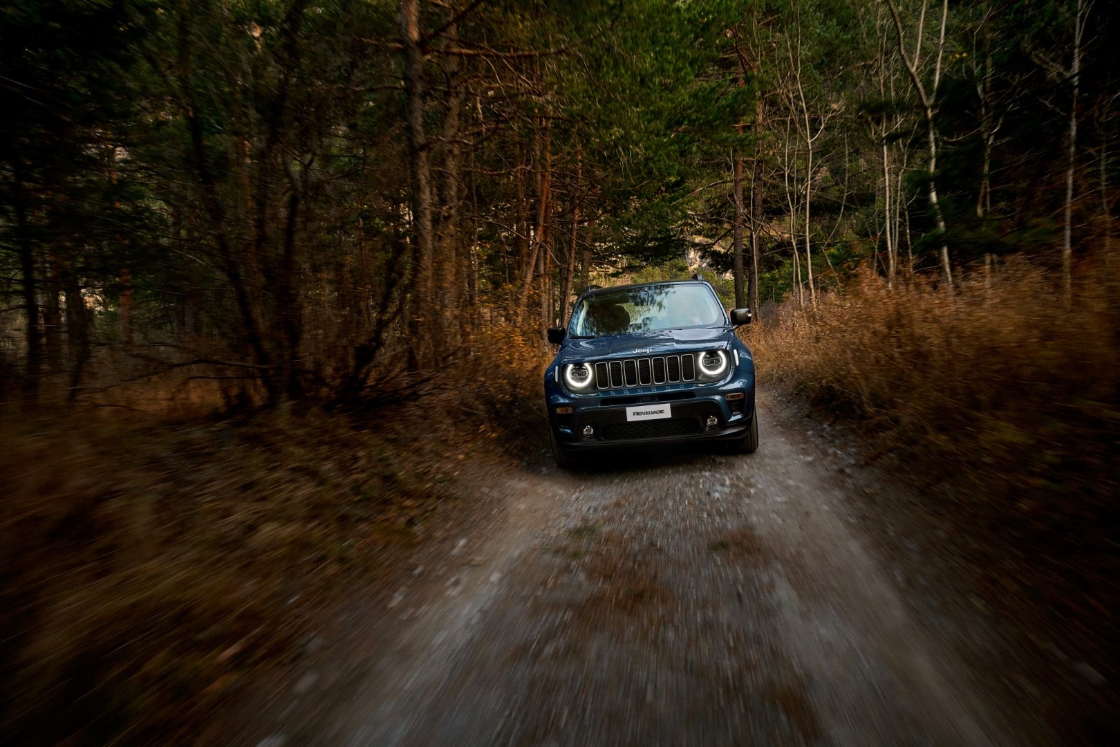 Vista frontal del Jeep Renegade Híbrido en movimiento por un camino forestal.