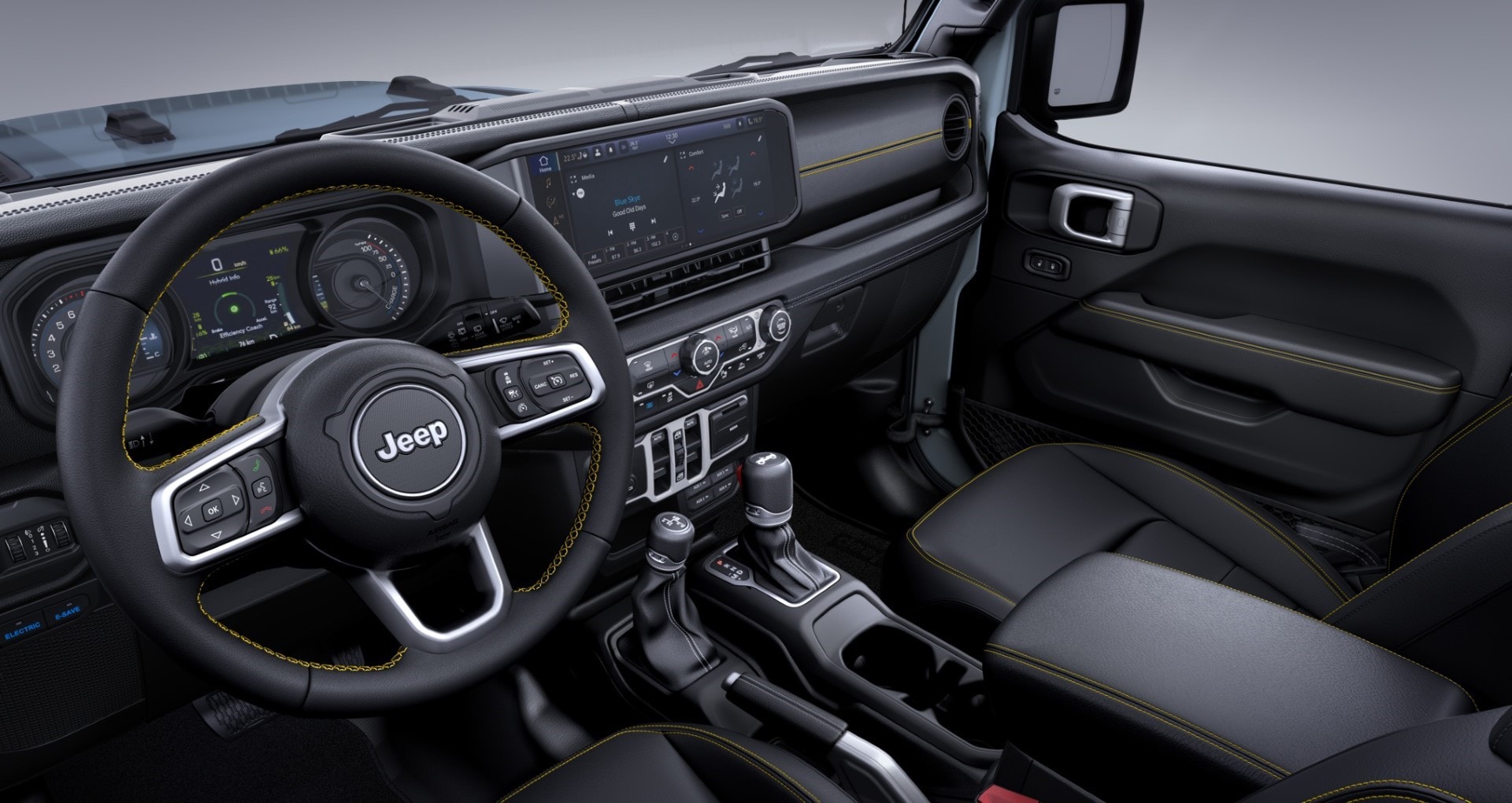 Habitáculo del Jeep Wrangler con diseño moderno y tecnología actualizada.
