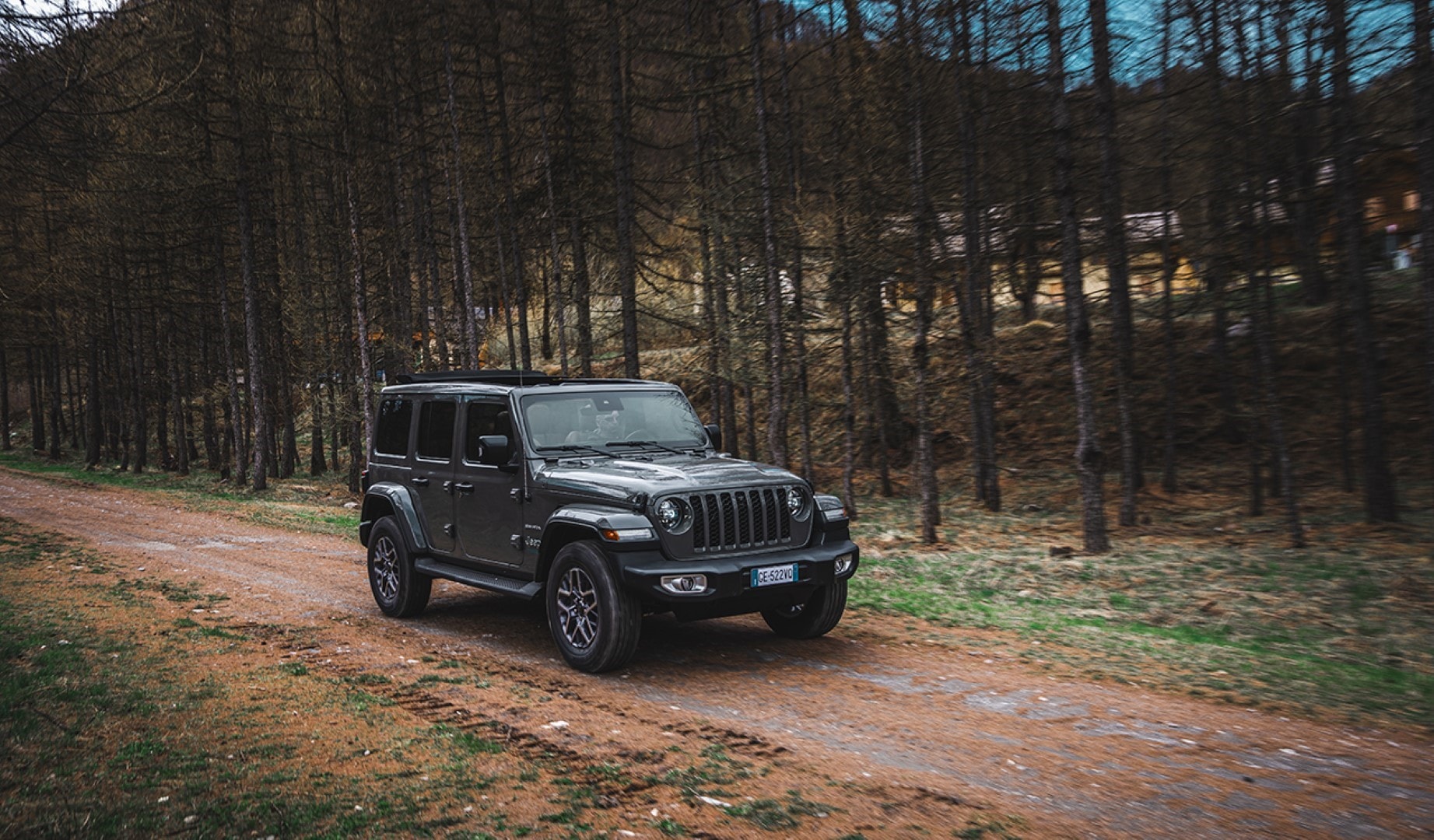 Imagen del Jeep Wrangler Híbrido en un camino forestal.