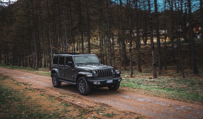 Imagen del Jeep Wrangler Híbrido en un camino forestal. Imagen del Jeep Wrangler Híbrido en un camino forestal.