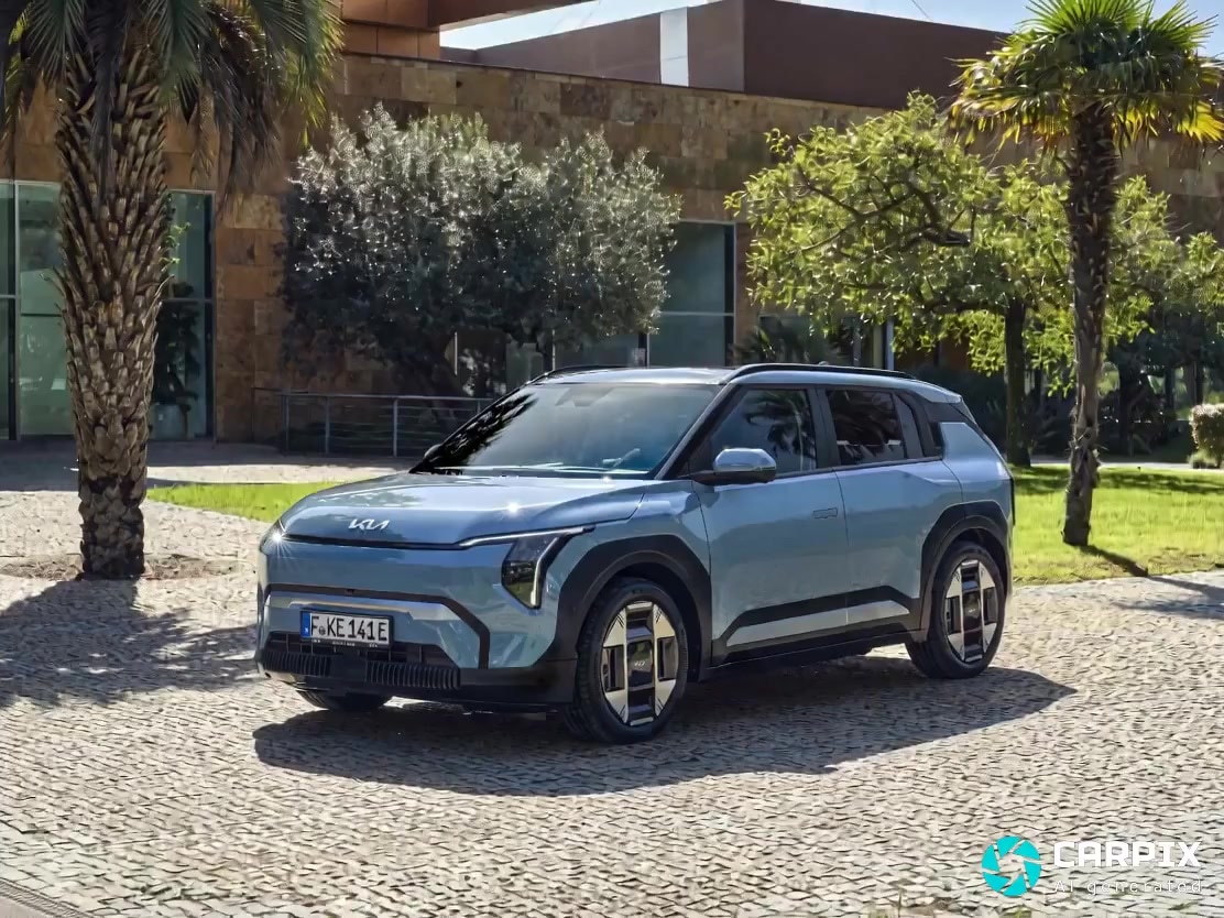 Vista frontal y lateral del Kia EV3, destacando su diseño moderno y aerodinámico.