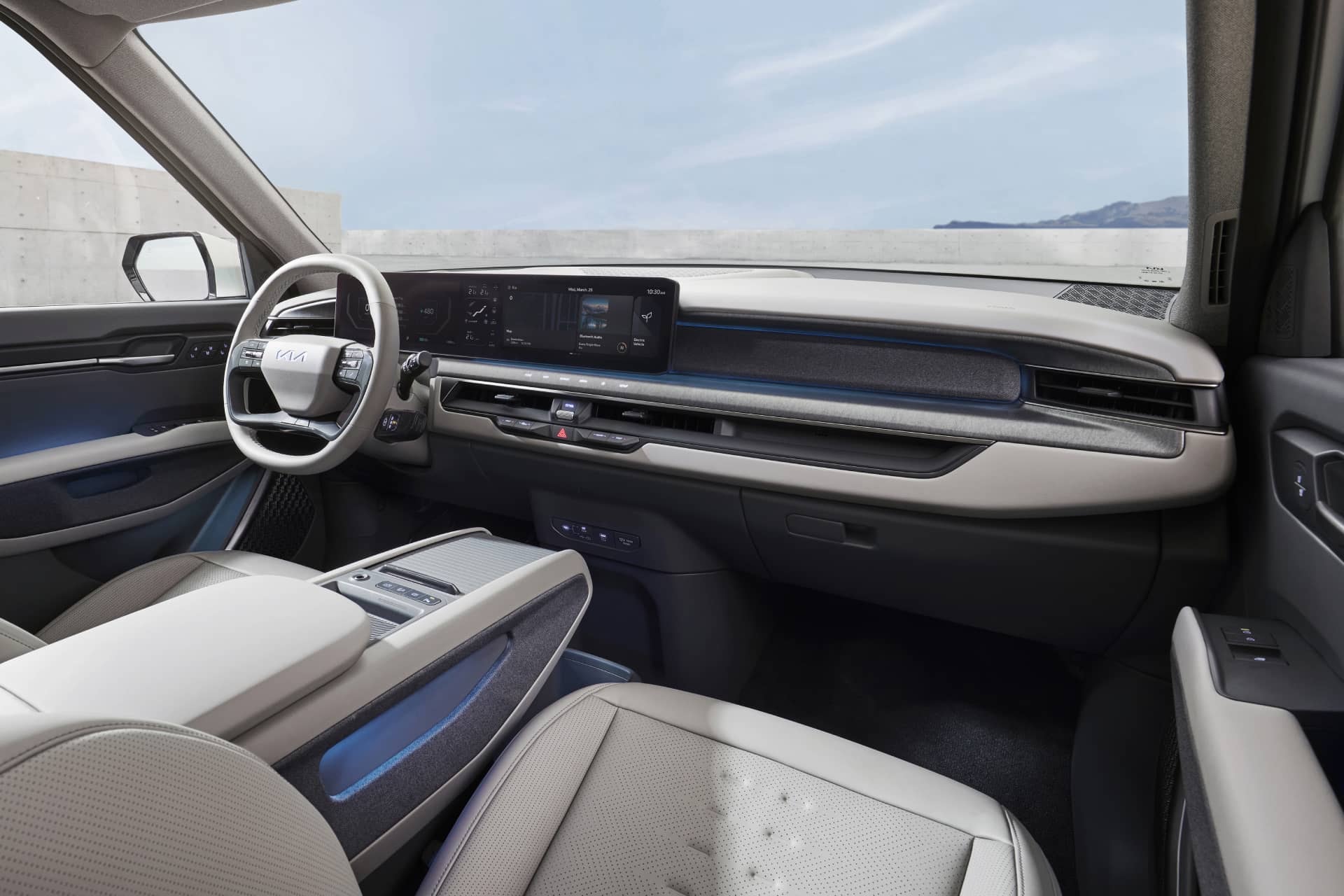 Tablero de instrumentos y cockpit del Kia EV9 con diseño vanguardista.