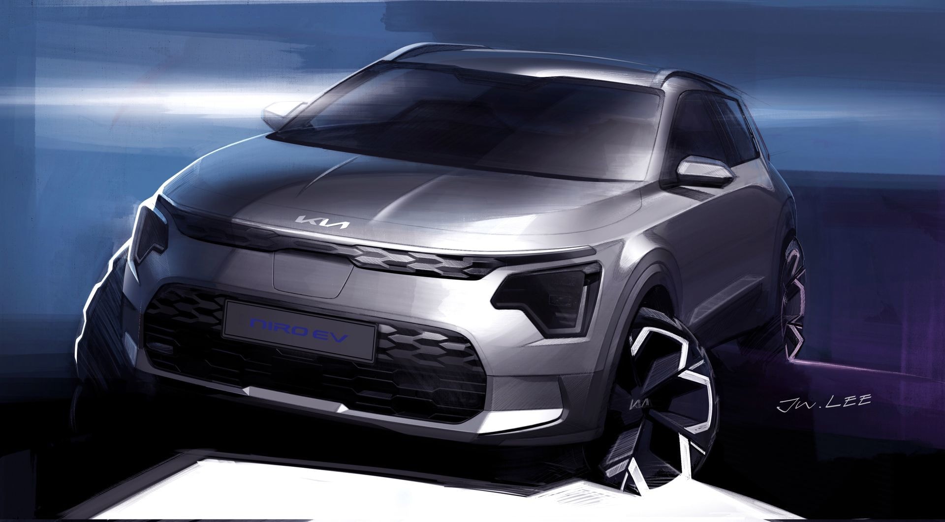 Boceto artístico que muestra el frontal del Kia Niro Híbrido, enfatizando líneas modernas.