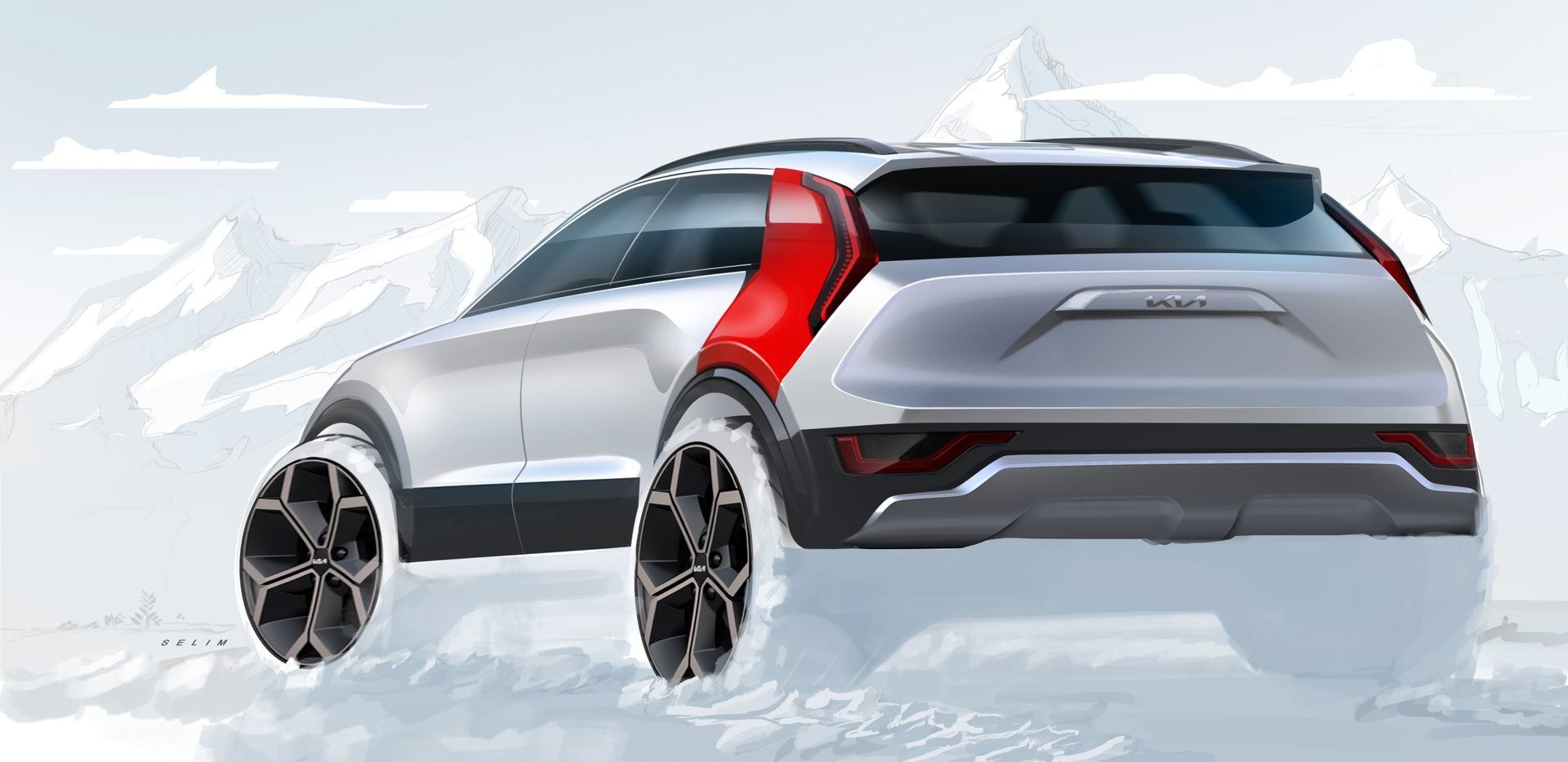 Diseño conceptual del Kia Niro Híbrido con detalles en rojo sobre un paisaje invernal.