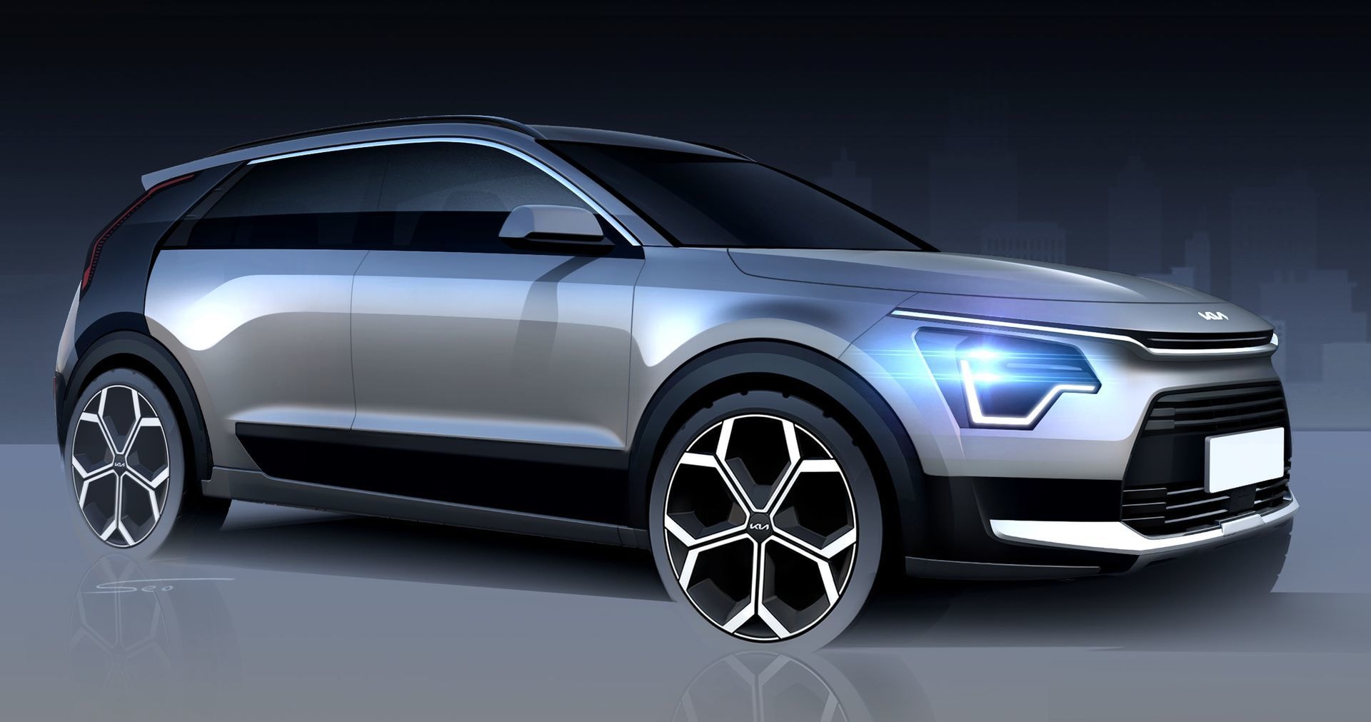 Interpretación artística del Kia Niro Híbrido mostrando un ángulo agresivo frontal y lateral.