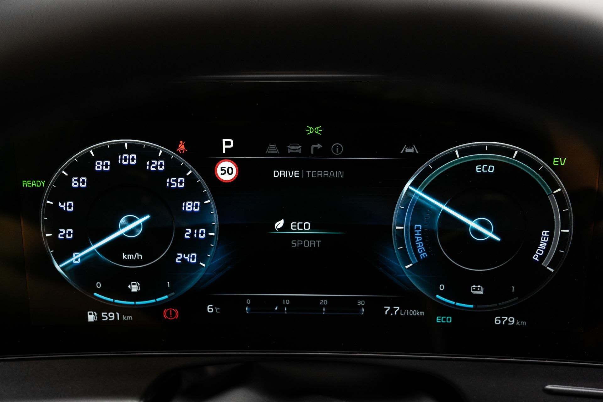 Cuadro de instrumentos mostrando modo ECO en Kia Sportage