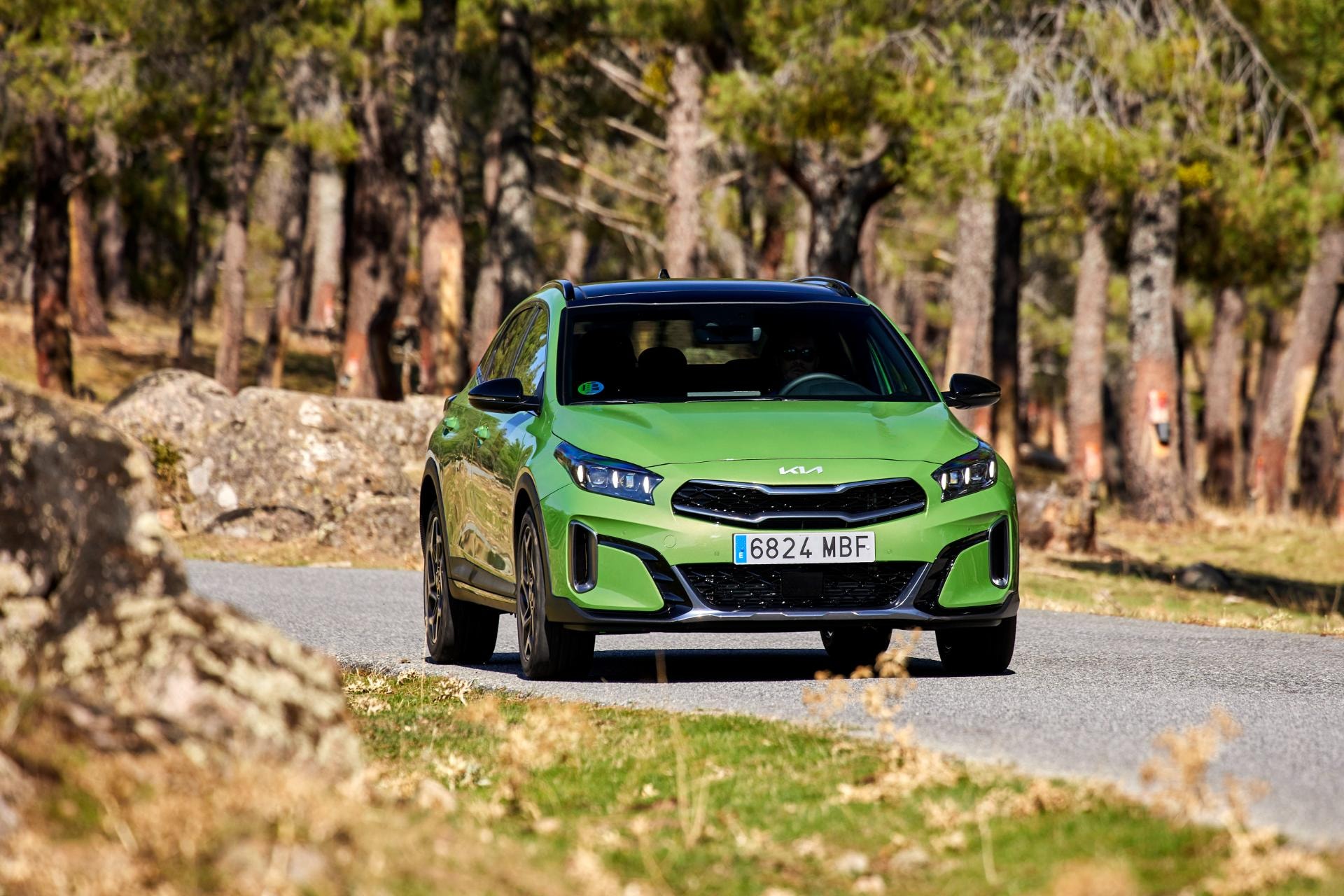 El Kia Xceed Híbrido mostrando su fachada delantera en un escenario natural