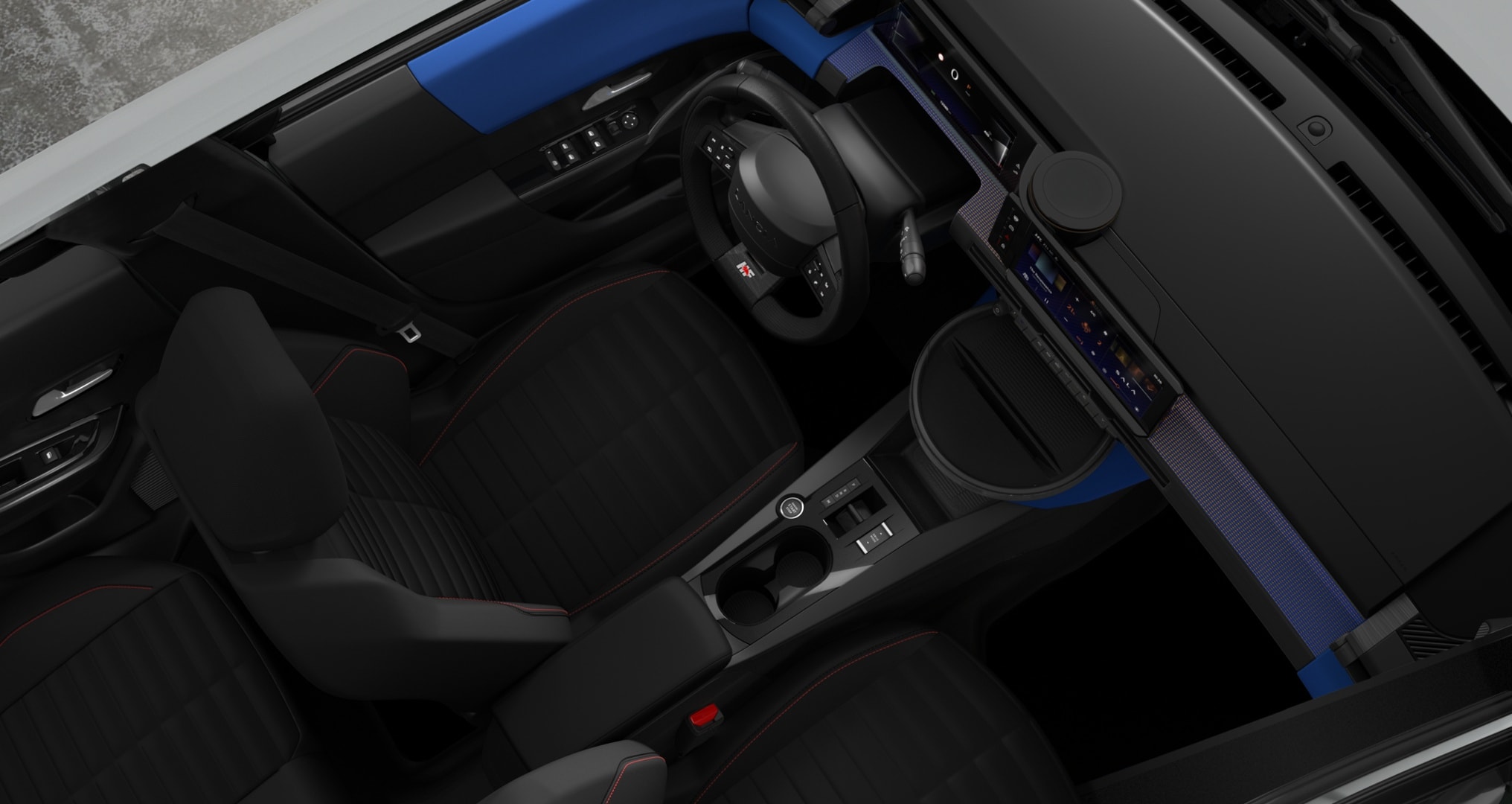 Vista cenital del interior, diseño contemporáneo y funcional.