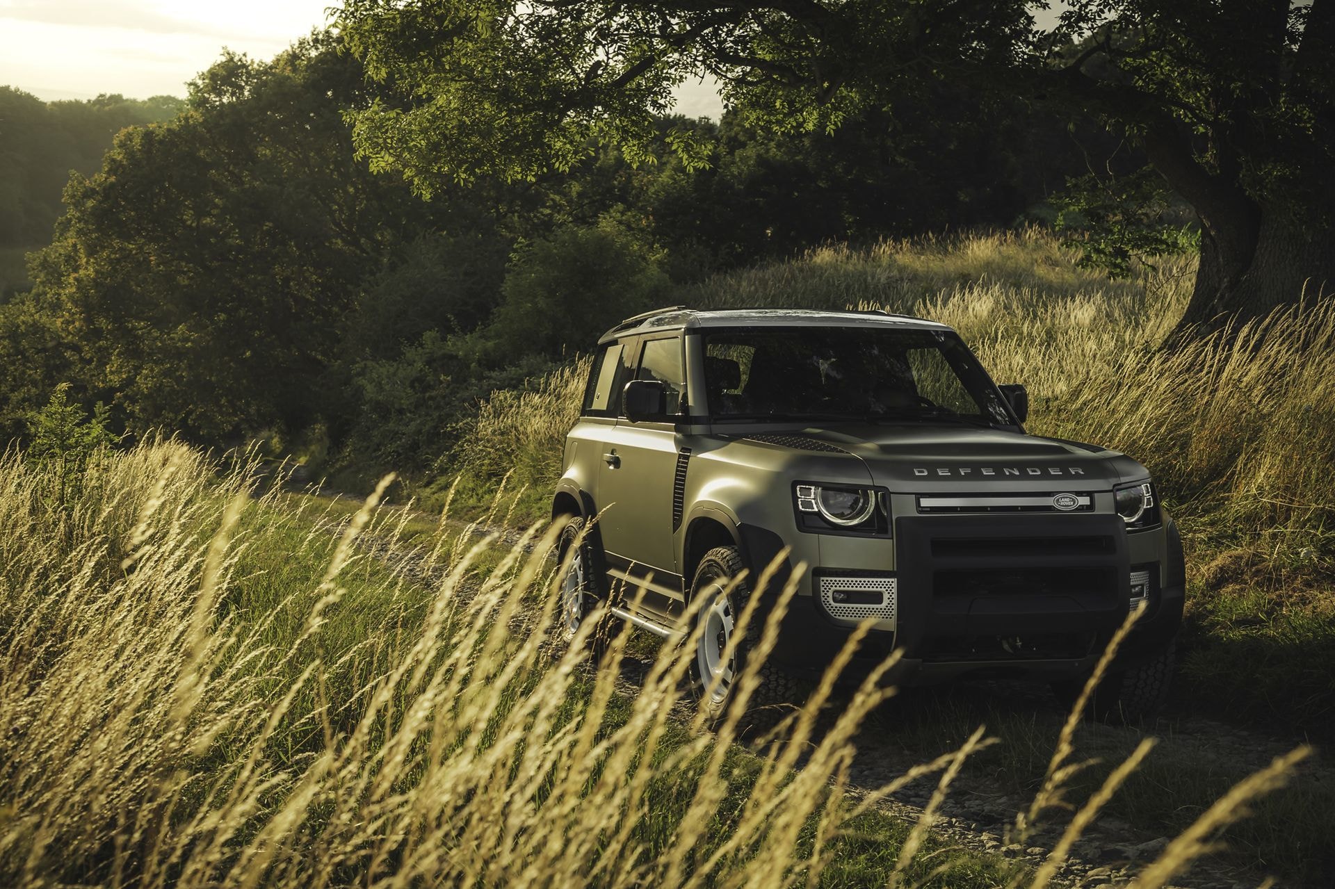 Imagen del Land Rover Defender al atardecer en un campo
