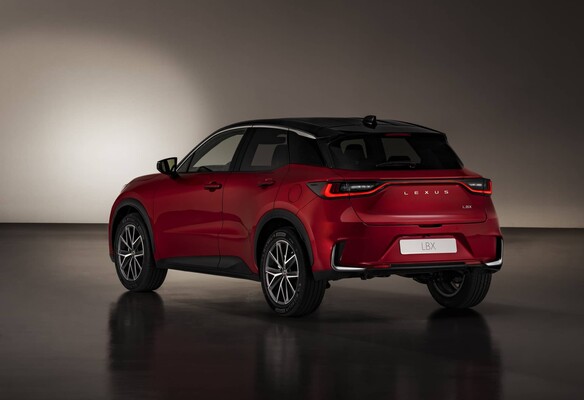 Close rear view of the Lexus LBX in red emphasizing the taillights design and the shape of the boot. Close rear view of the Lexus LBX in red emphasizing the taillights design and the shape of the boot.