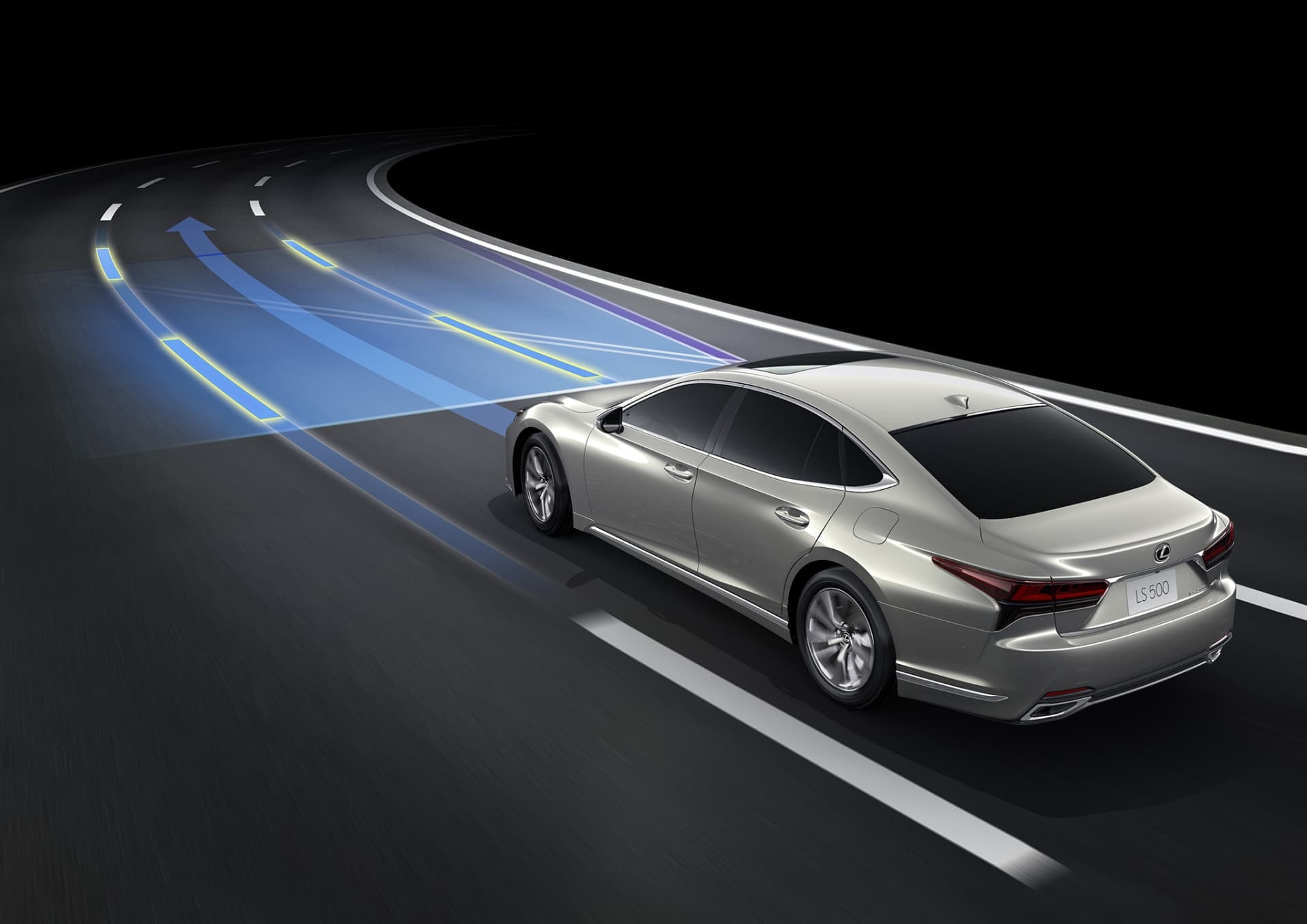 El Lexus LS híbrido y su asistente de conducción avanzado ilustrados en acción.