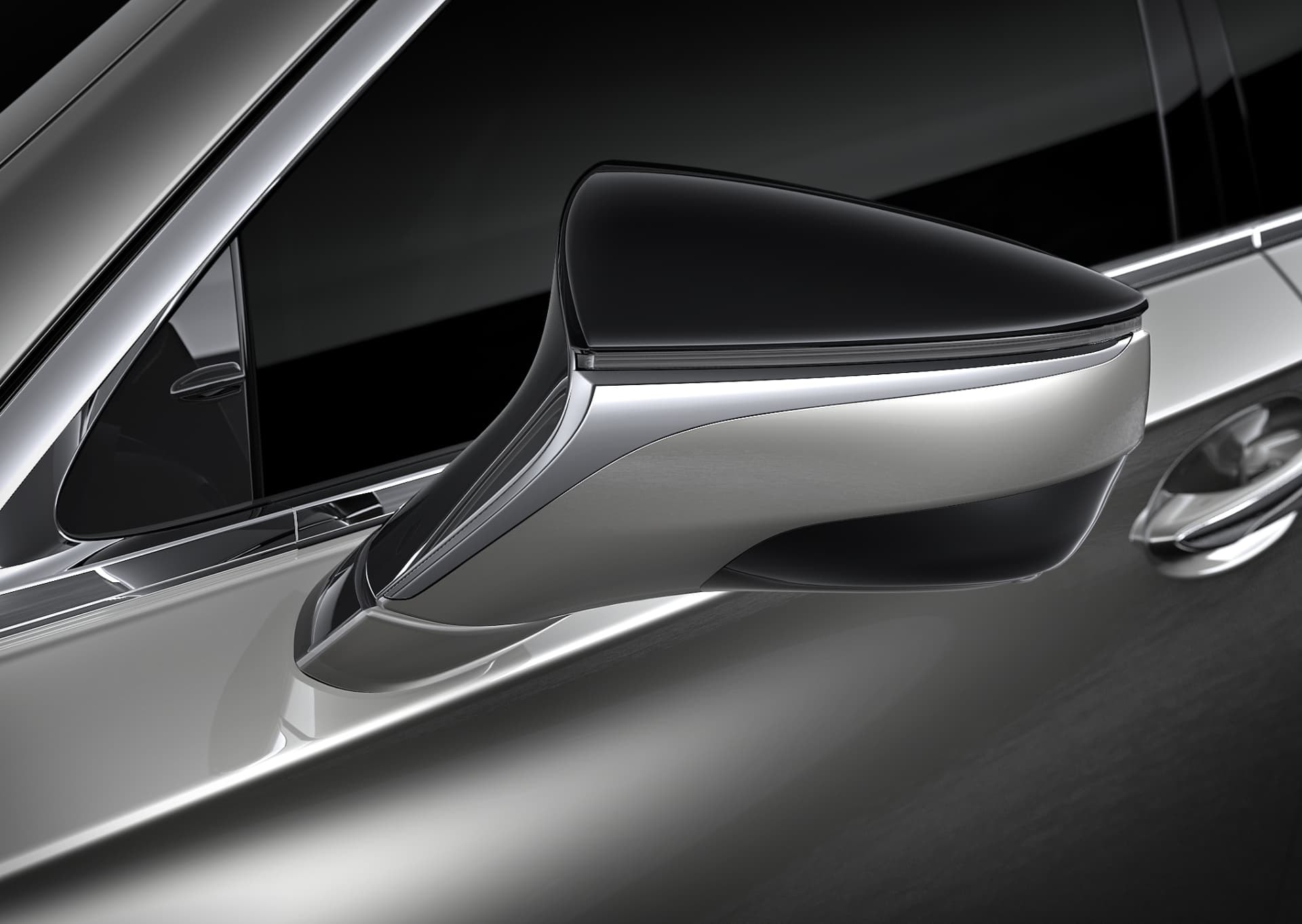 Detalle del acabado del espejo lateral del Lexus LS, fusionando funcionalidad y diseño aerodinámico.