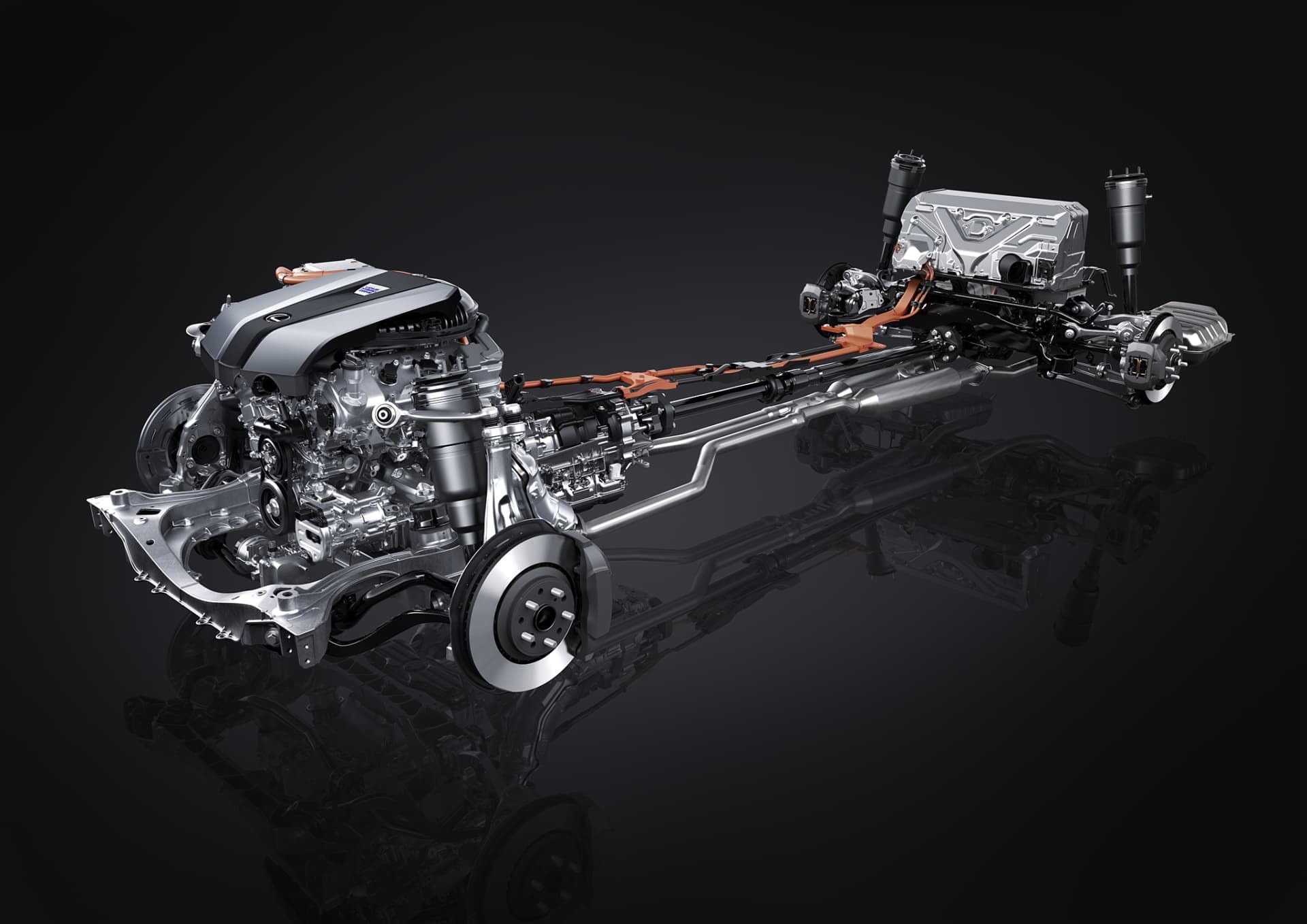 Visión integral del tren motriz híbrido del Lexus LS.