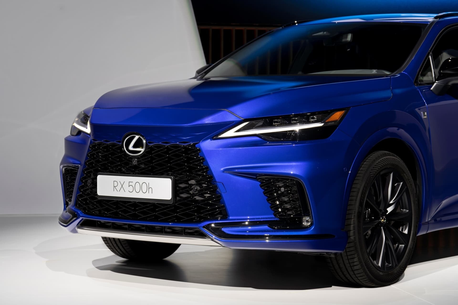 Primer plano de la parrilla y marca del Lexus RX 500h.