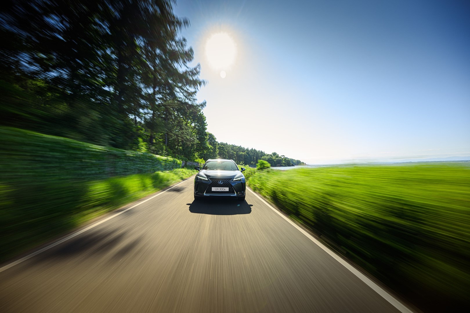 Imagen que captura la parte trasera del Lexus UX300e en una conducción soleada.