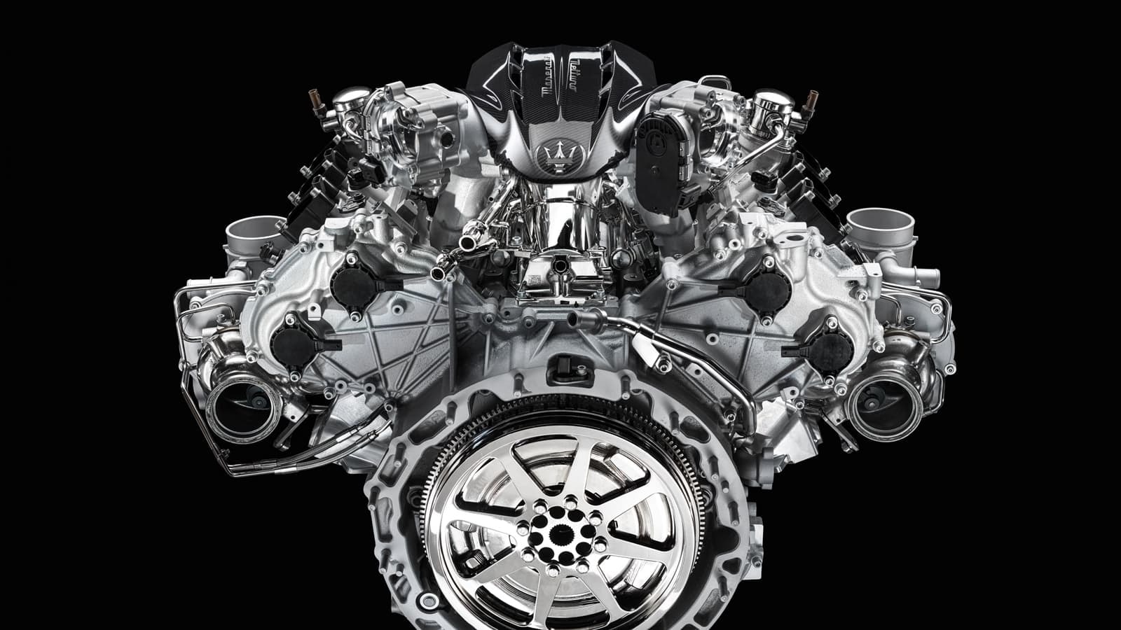 Perspectiva superior del poderoso V6 biturbo del Maserati MC20.