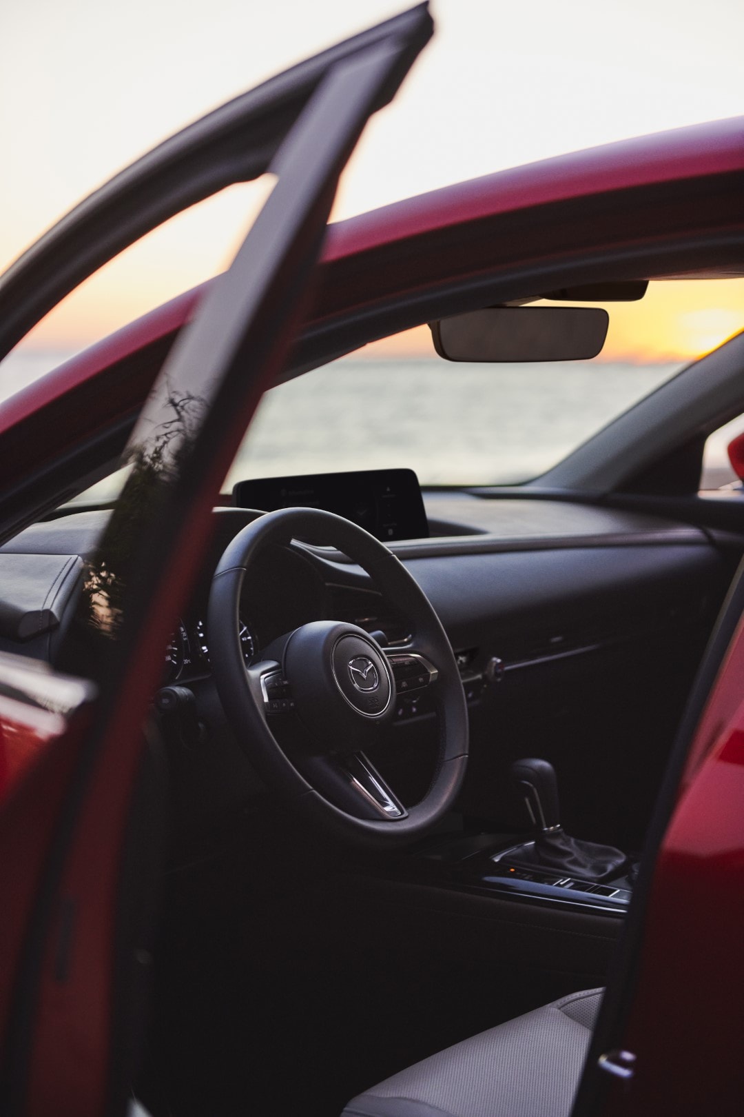 Acceso a la cabina que muestra una perspectiva elegante del volante y la disposición de los mandos.