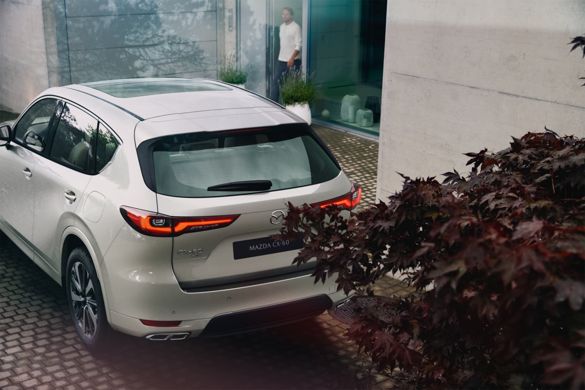Una toma trasera del Mazda CX-60 blanco con una estética natural de fondo.
