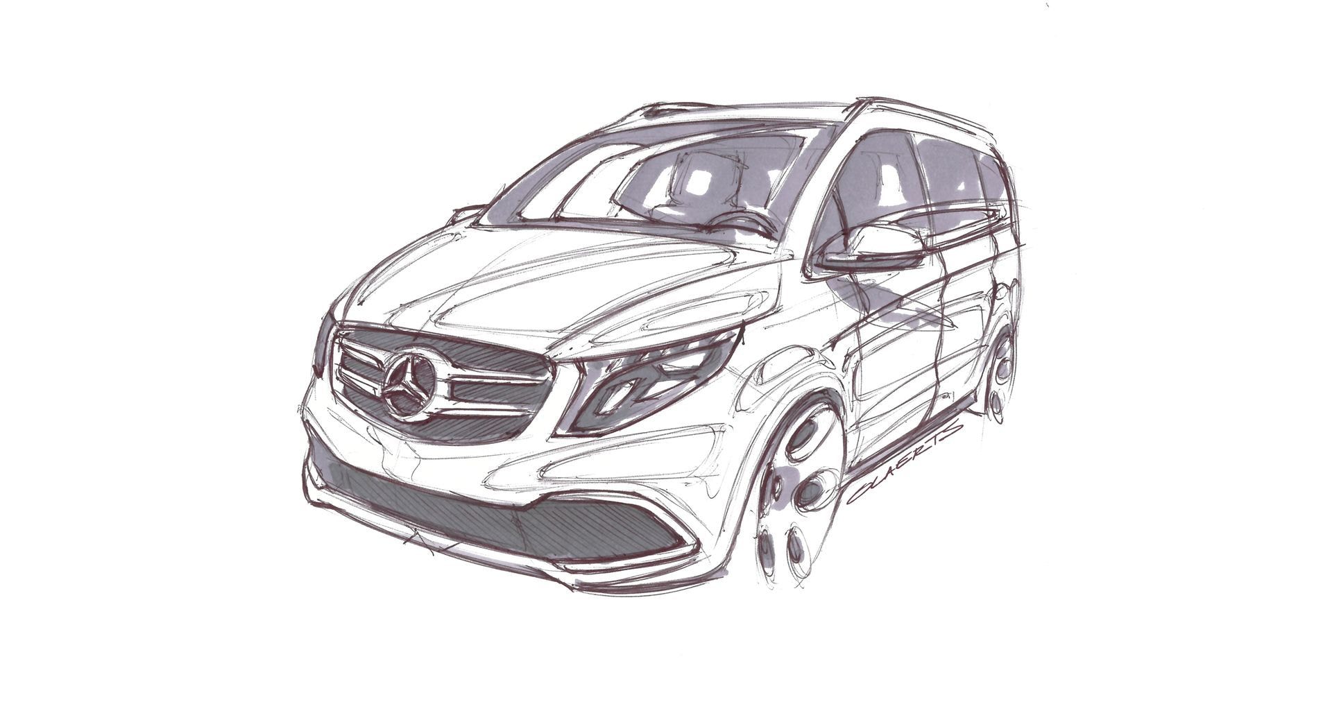 Boceto artístico del Mercedes Clase V, vista delantera y lateral