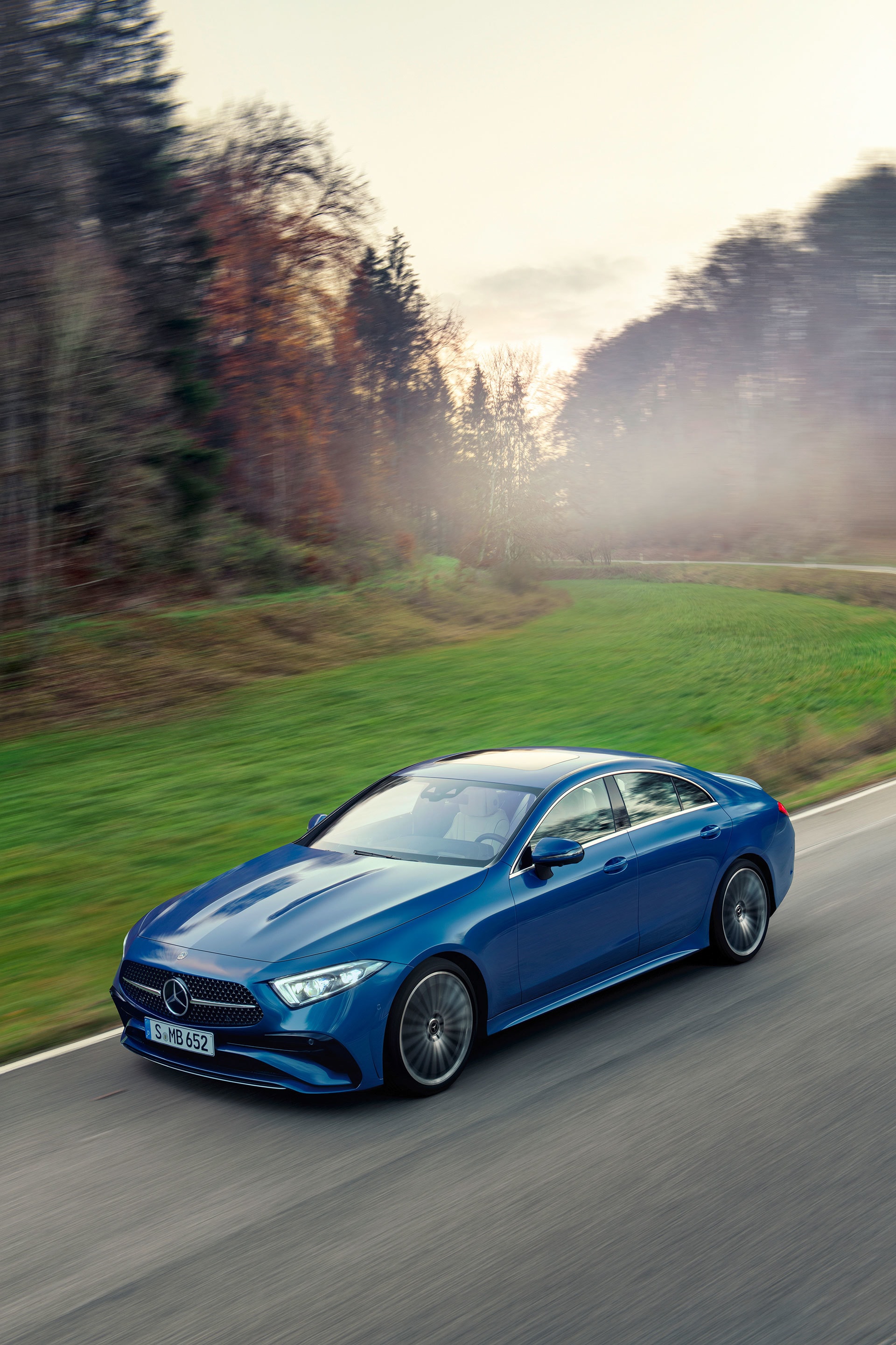 Mercedes CLS en entorno natural, destacando su diseño lateral.