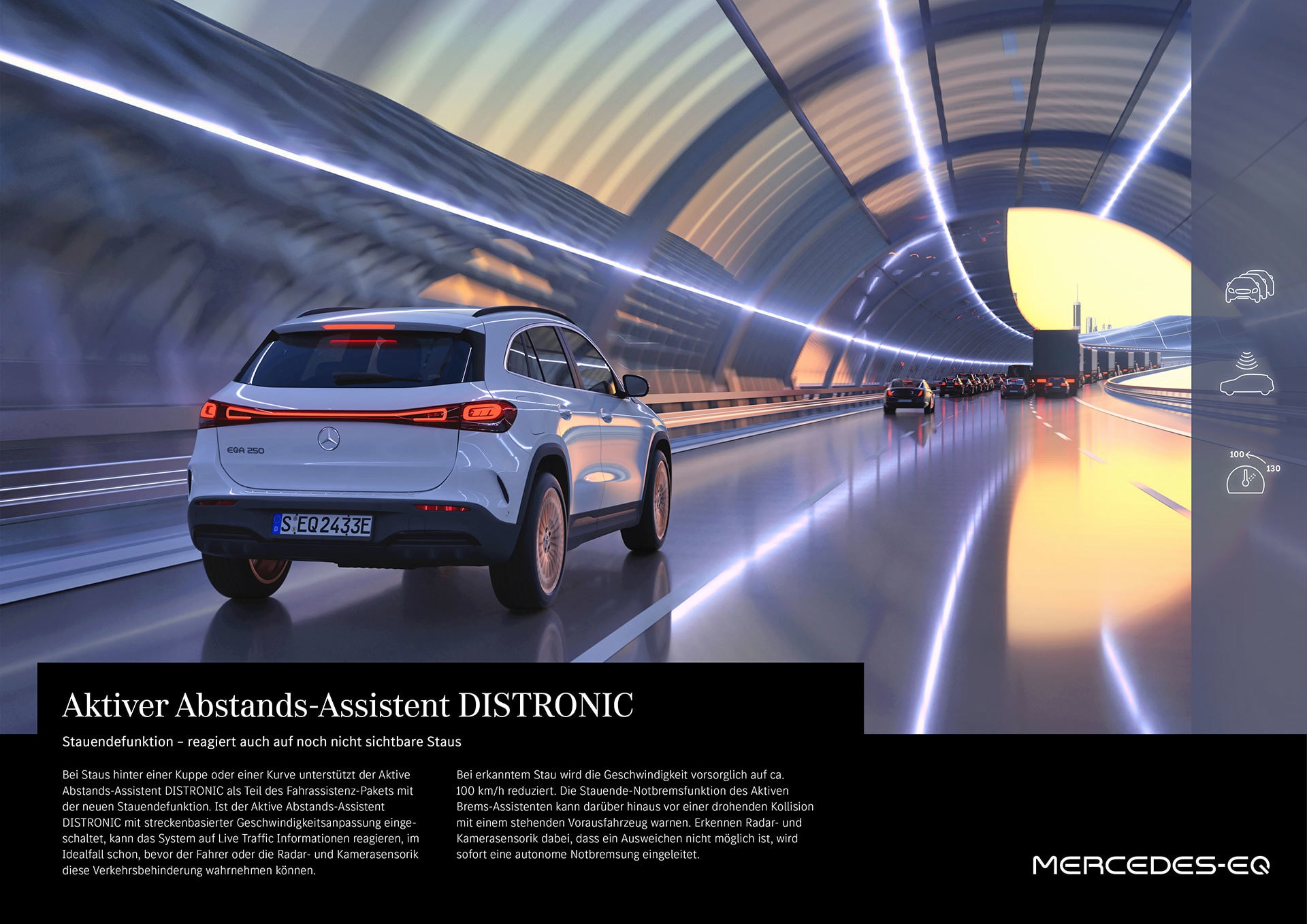 Sistema de asistencia DISTRONIC del EQA, foco en seguridad y tecnología.