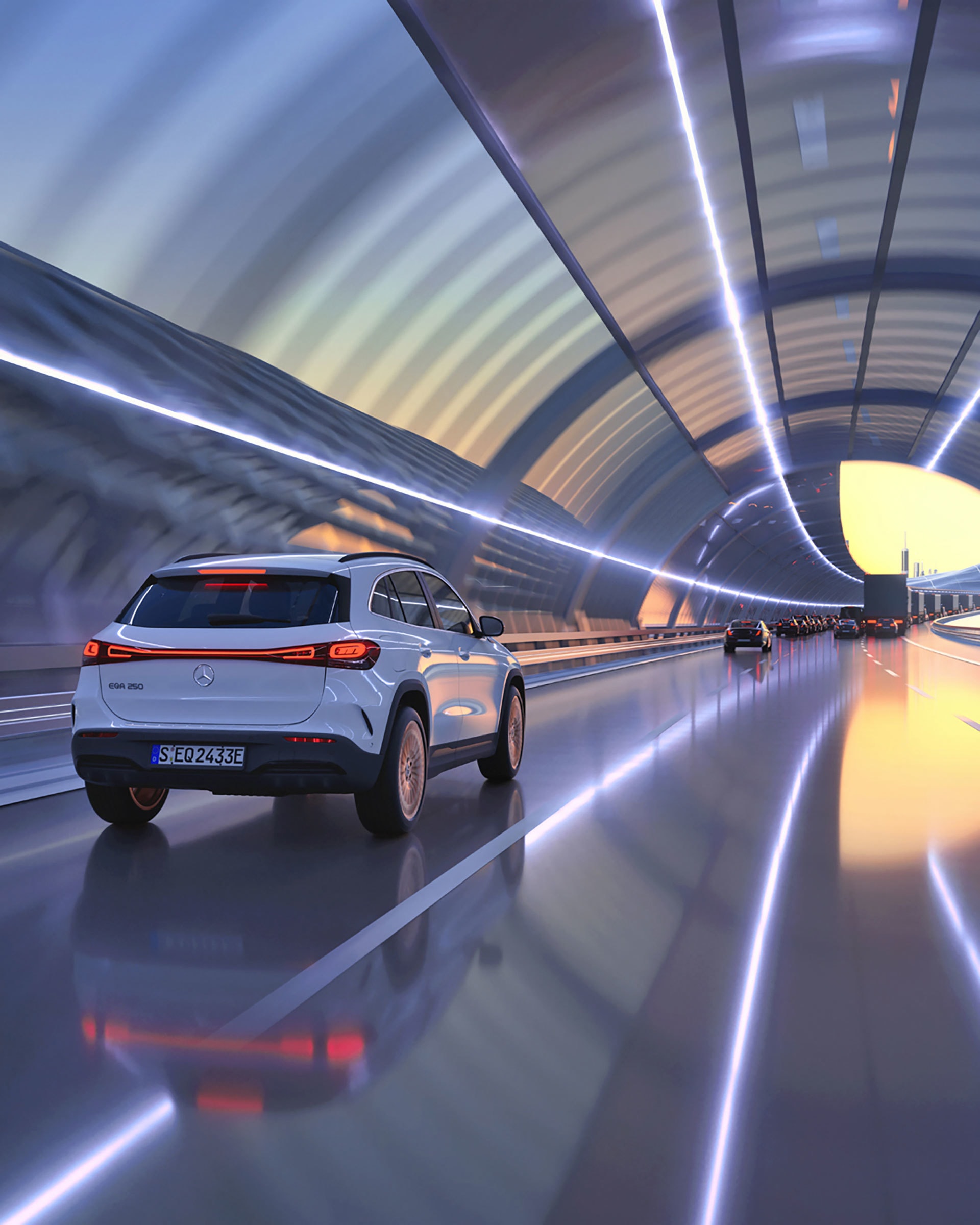 Trasera del EQA en túnel demostrando su dinámica de conducción.