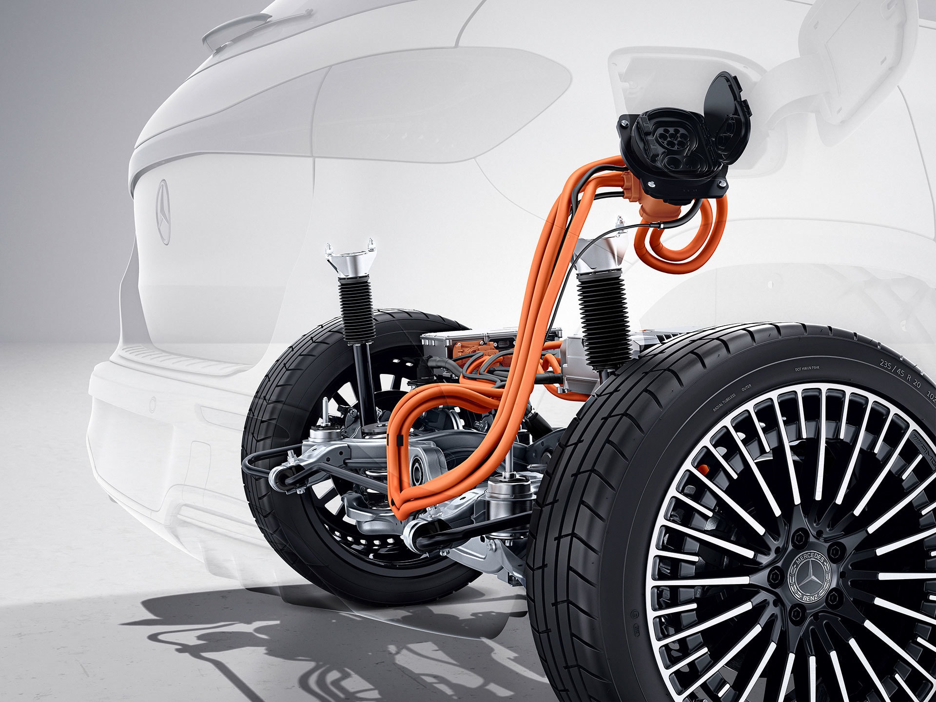 Sistema de suspensión trasera del Mercedes EQA, con cables de alta tensión