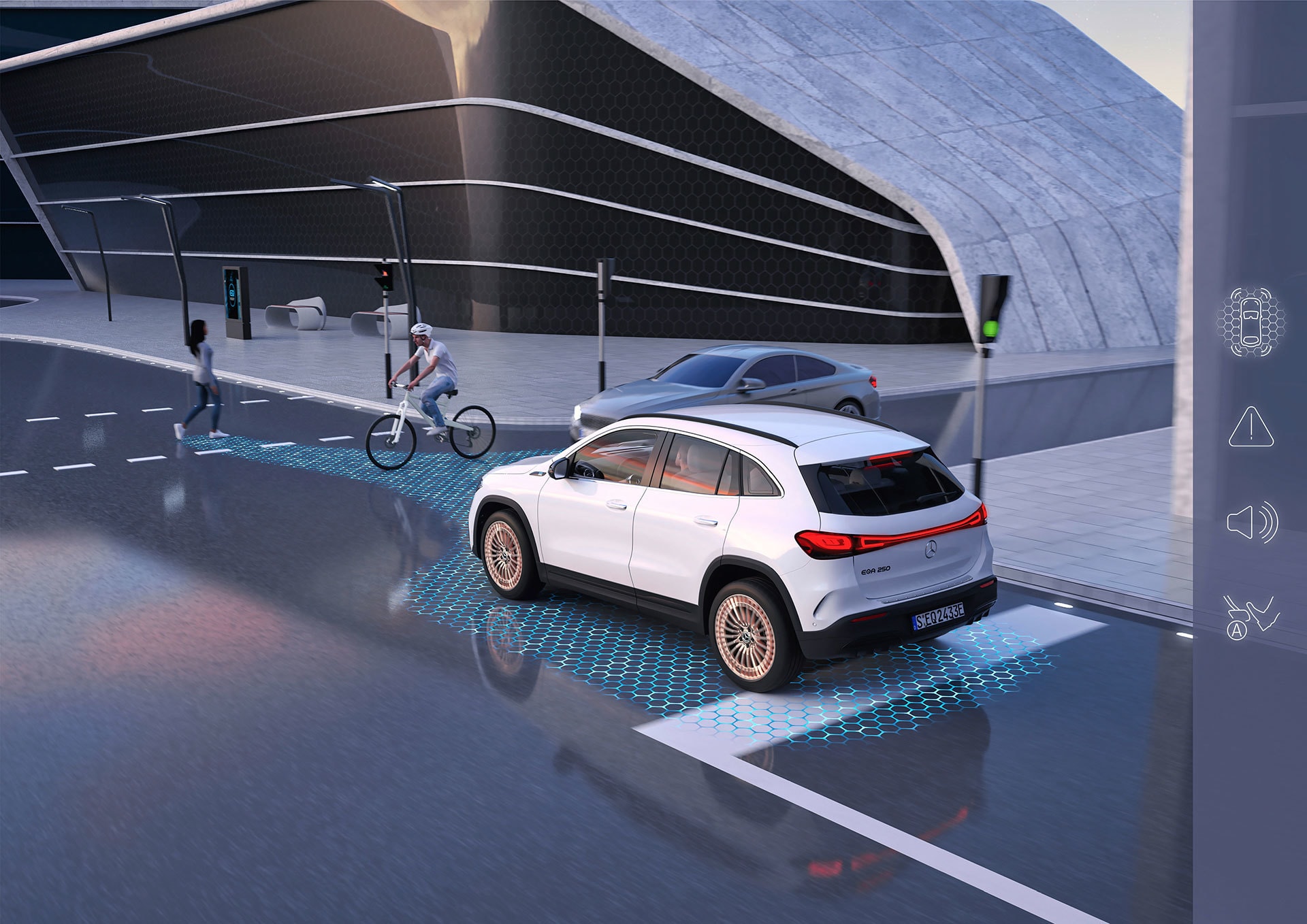 El EQA cargando con una vista que resalta sus sistemas inteligentes.