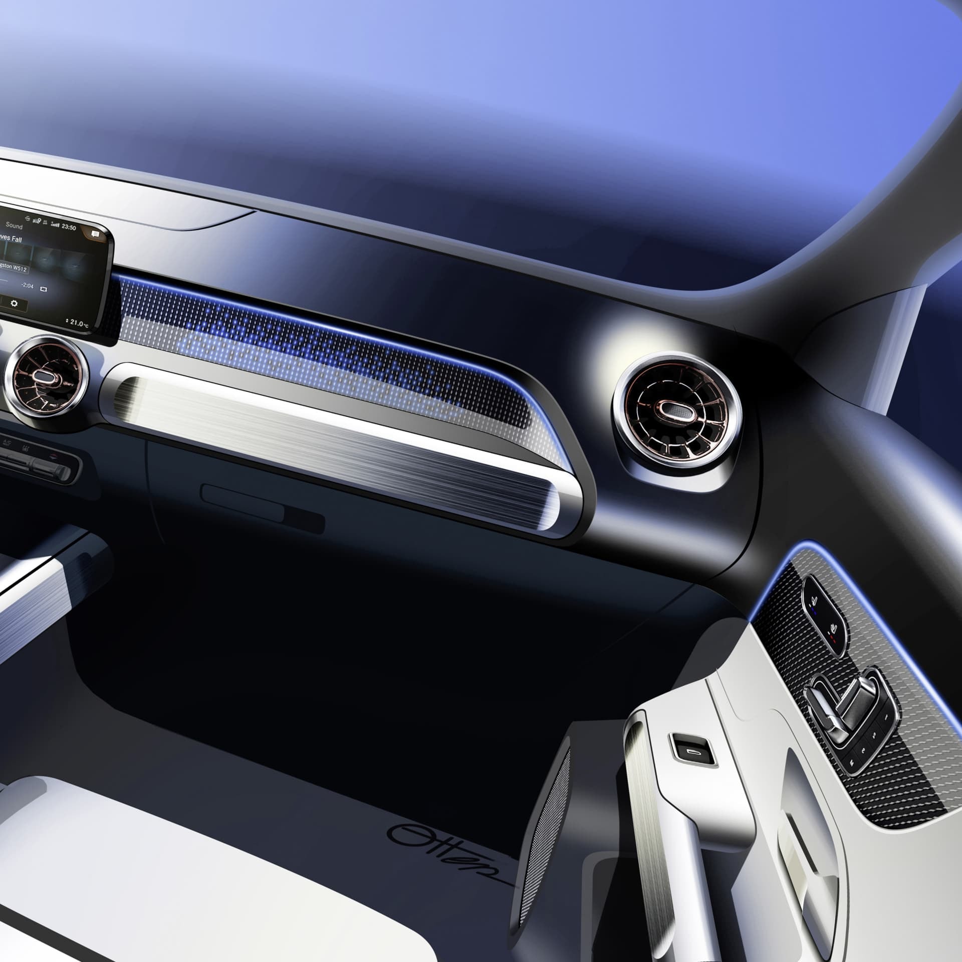 Detalle futurista del tablero de Mercedes EQB, enfatizando su vanguardia tecnológica.