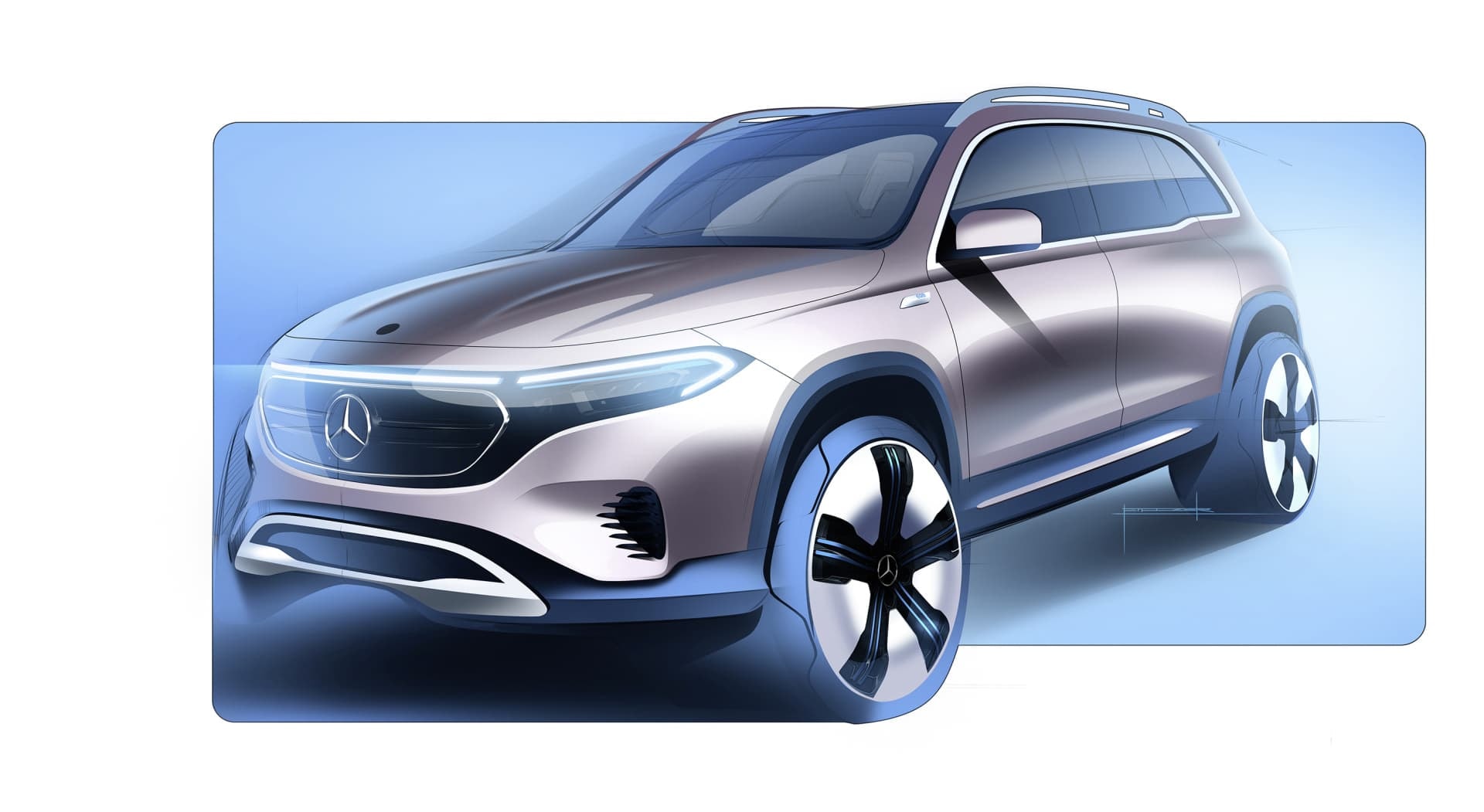 Boceto de diseño del Mercedes EQB, enfocando en la estética frontal del concepto.