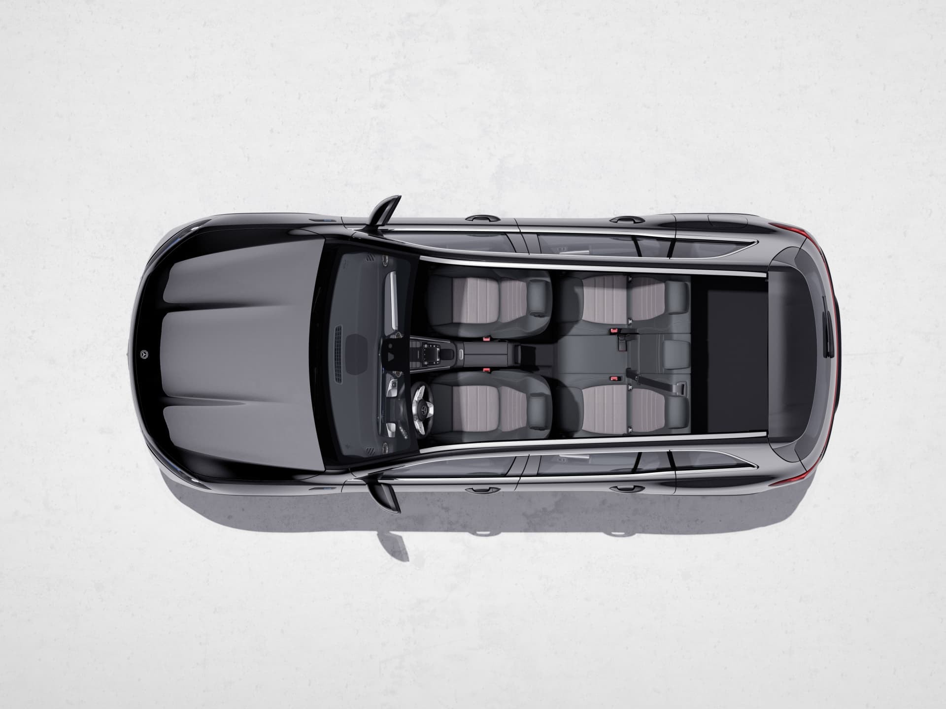 Vista superior del Mercedes EQB que muestra la disposición del techo y ventanas.