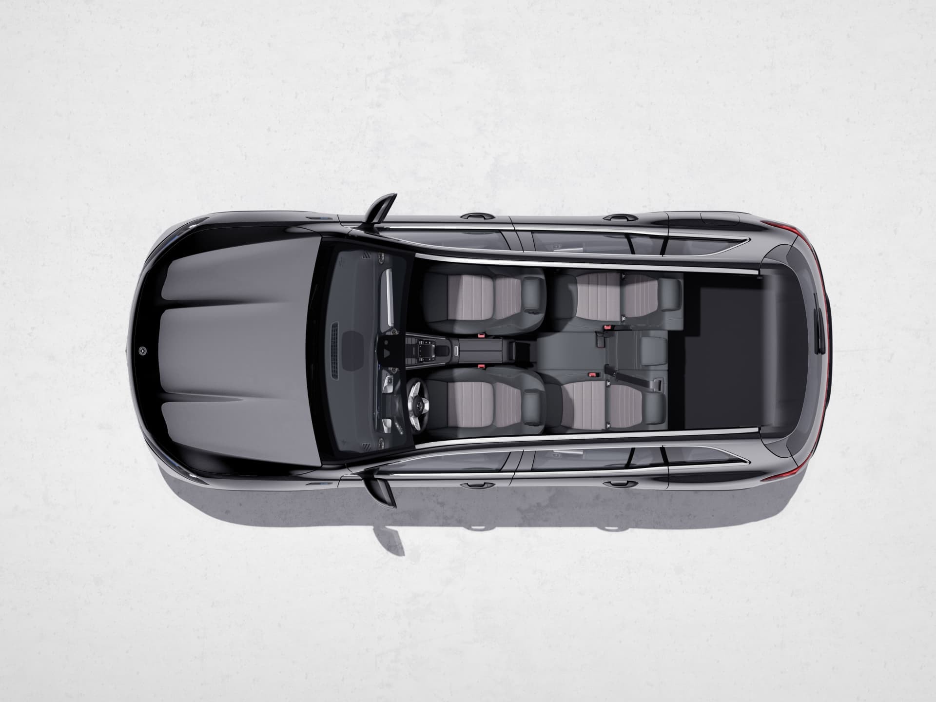Vista superior del Mercedes EQB sin pasajeros para apreciar la configuración interna.
