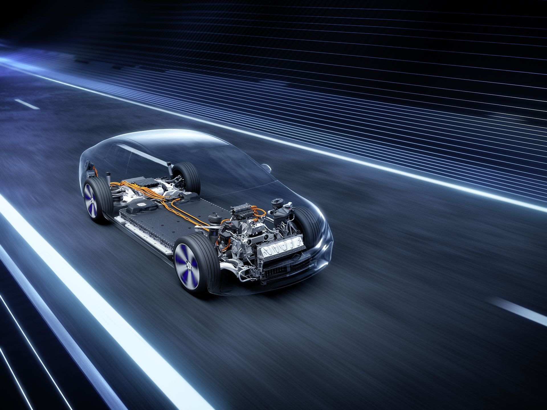 Sistema de propulsión eléctrico del Mercedes EQS en movimiento.