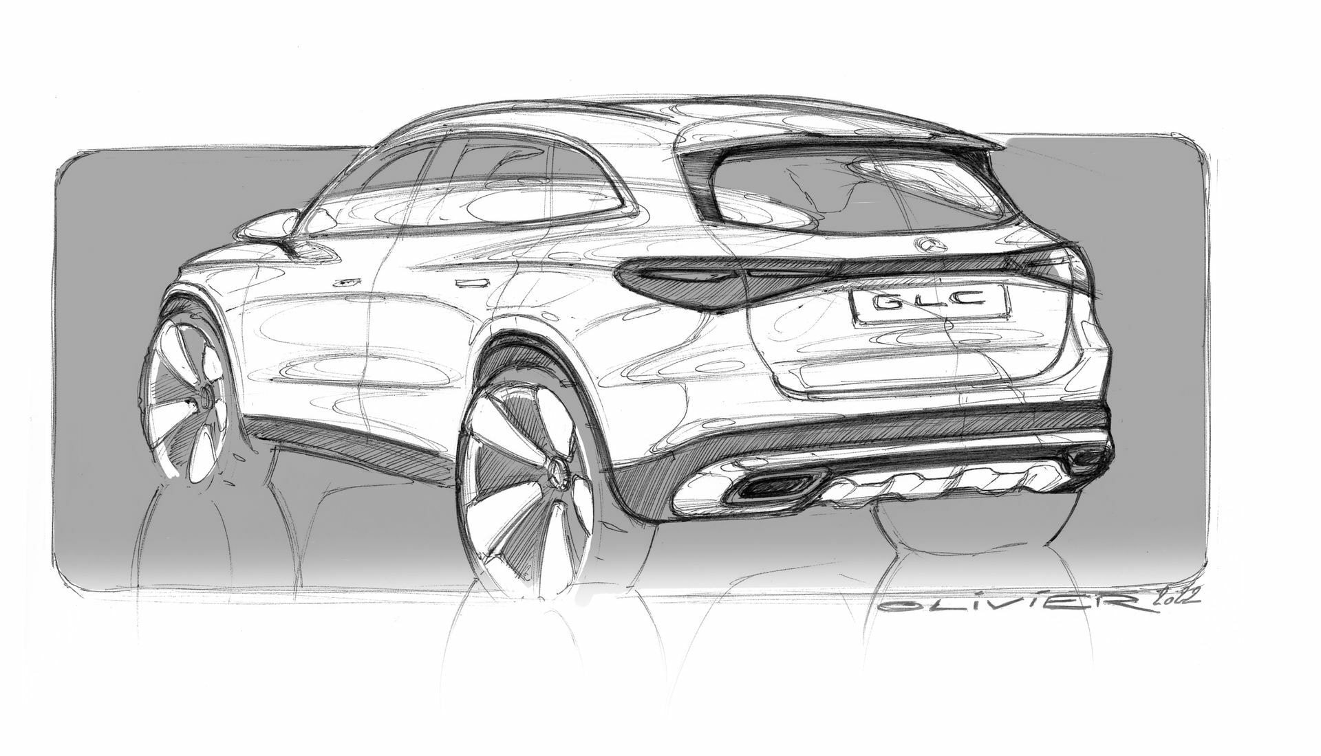 Boceto conceptual del diseño del Mercedes GLC, mostrando las líneas maestras del modelo.