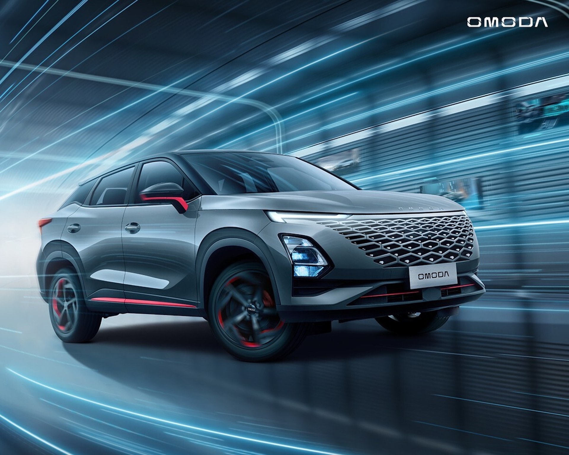 Ilustración en movimiento del Omoda 5 resaltando su perfil lateral y óptica delantera.