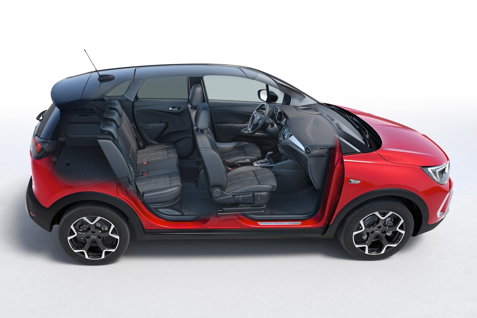 Imagen aérea interior del Opel Crossland con puertas abiertas.