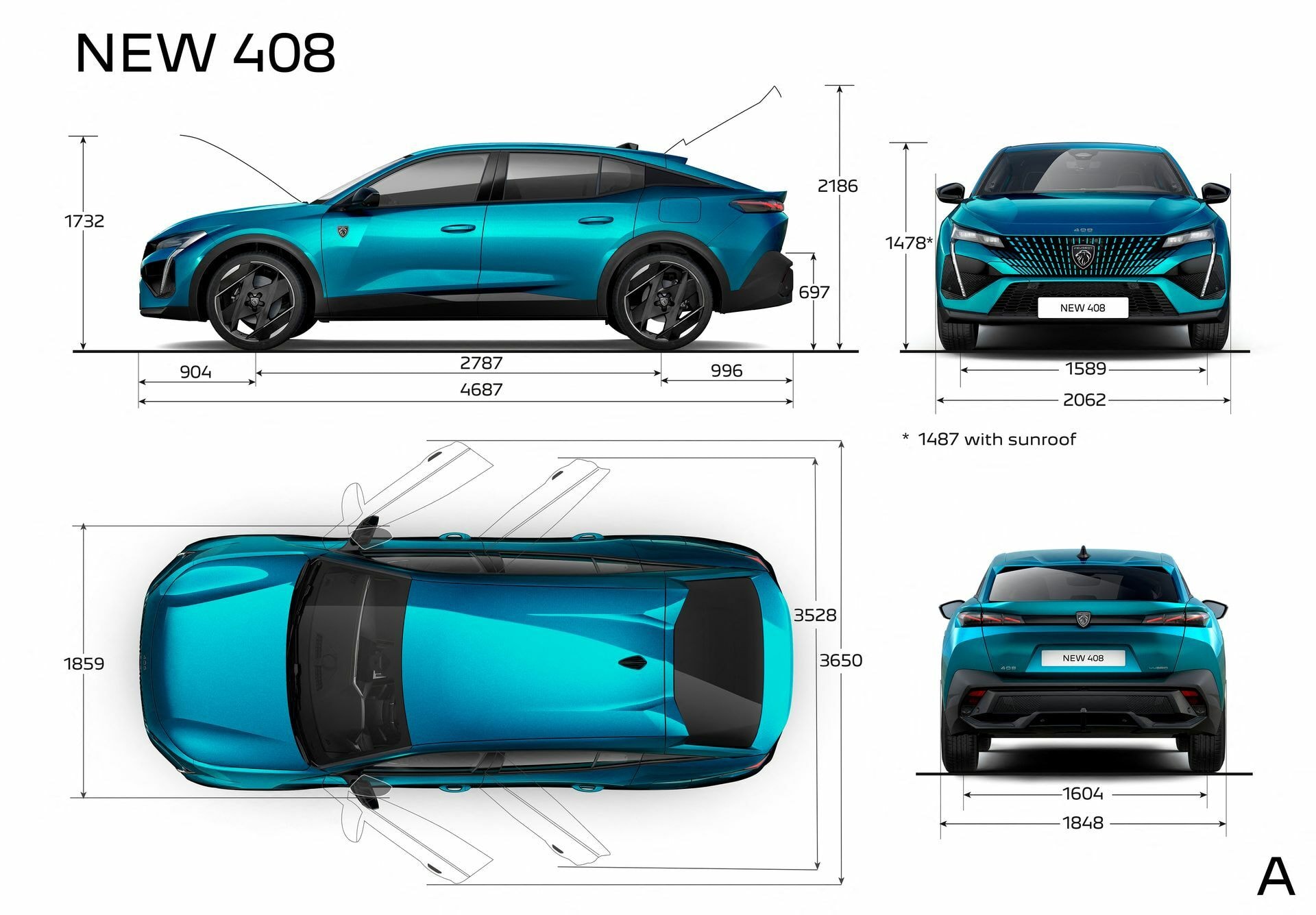 Diagrama con las dimensiones exteriores de Peugeot 408.