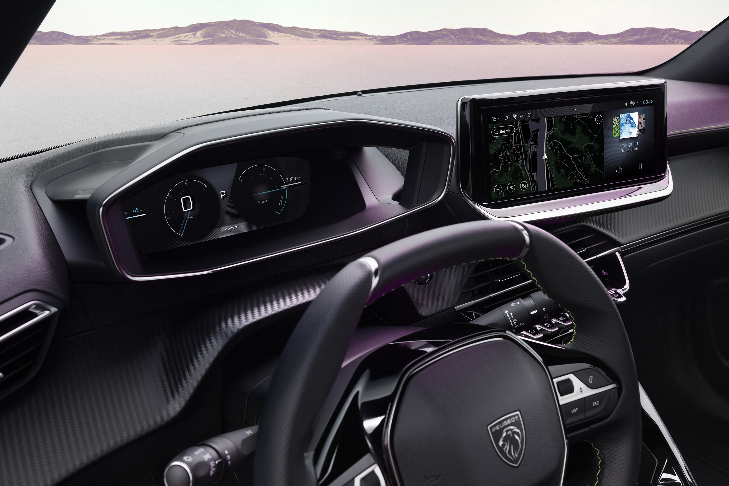 Vista del cockpit digital y pantalla de infotainment del Peugeot e-2008.