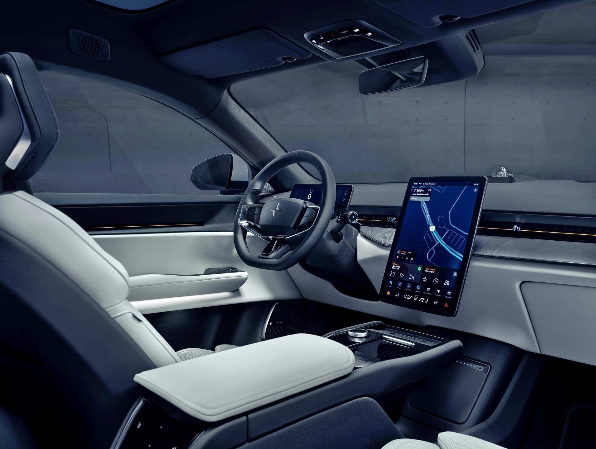 Vista de la cabina del Polestar 3 con enfoque en tecnología y confort.